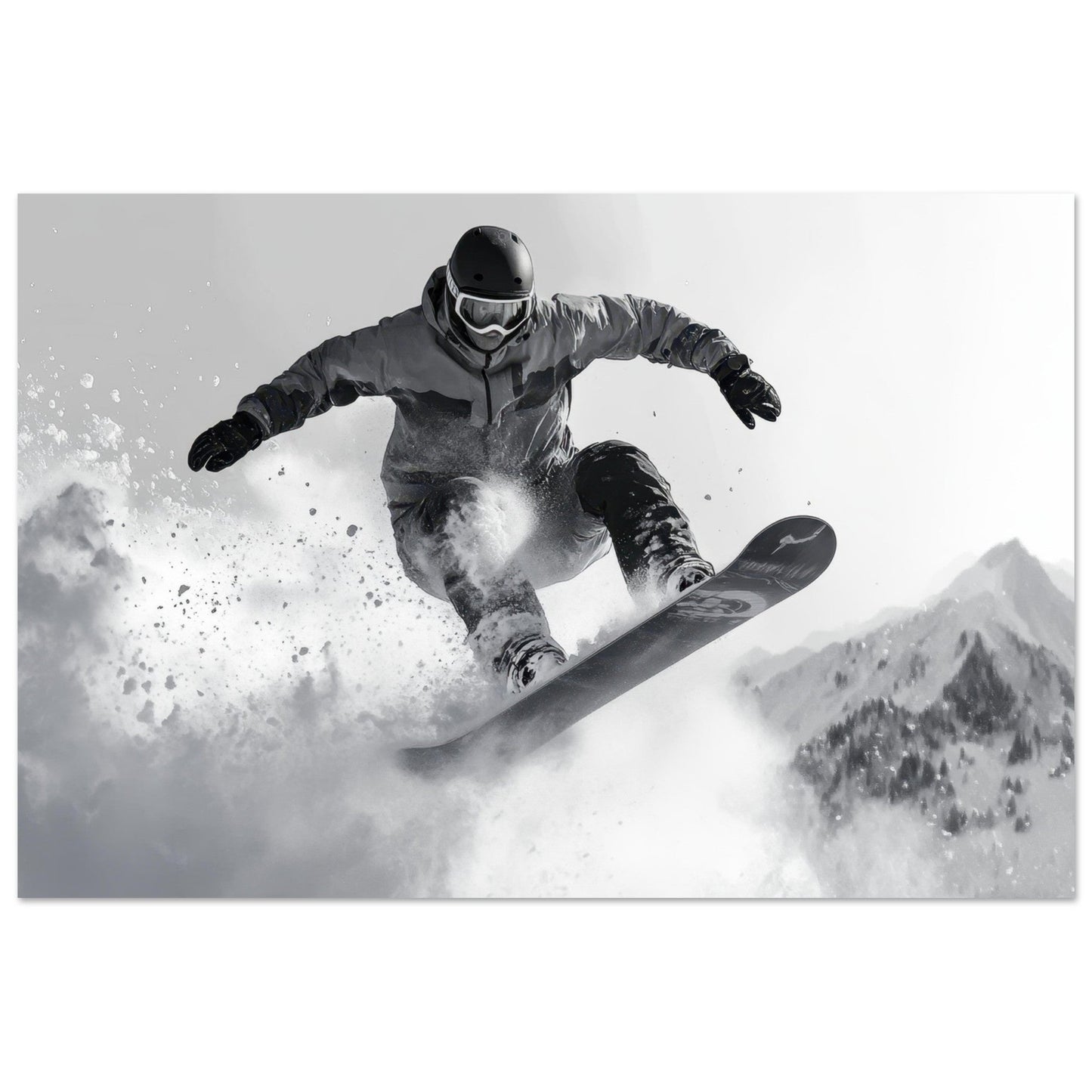Tableau photo Photo d'un snowboardeur dans la poudre - Noir & Blanc — tirage aluminium Dibond mat, fabrication française, prêt à accrocher