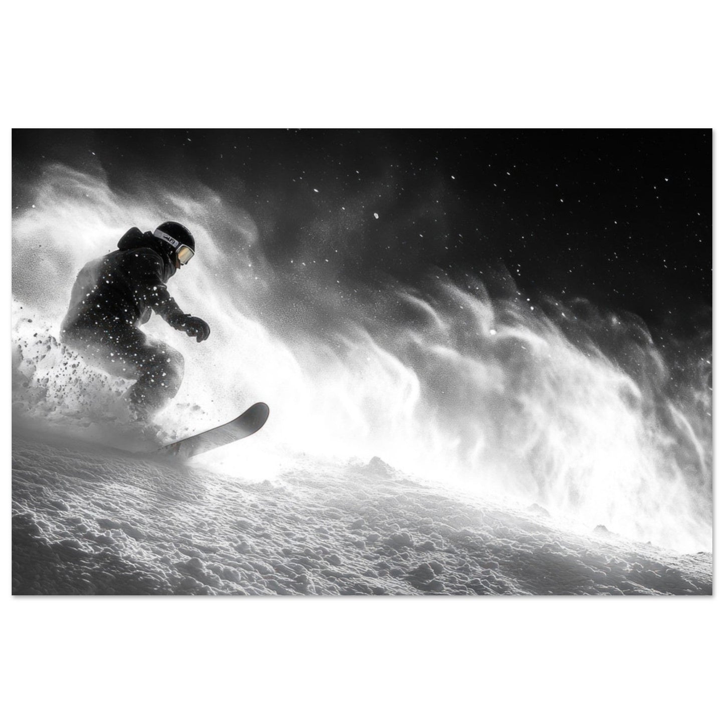 Tableau photo Photo d'un snowboardeur dans la poudre - Noir & Blanc — tirage aluminium Dibond mat, fabrication française, prêt à accrocher