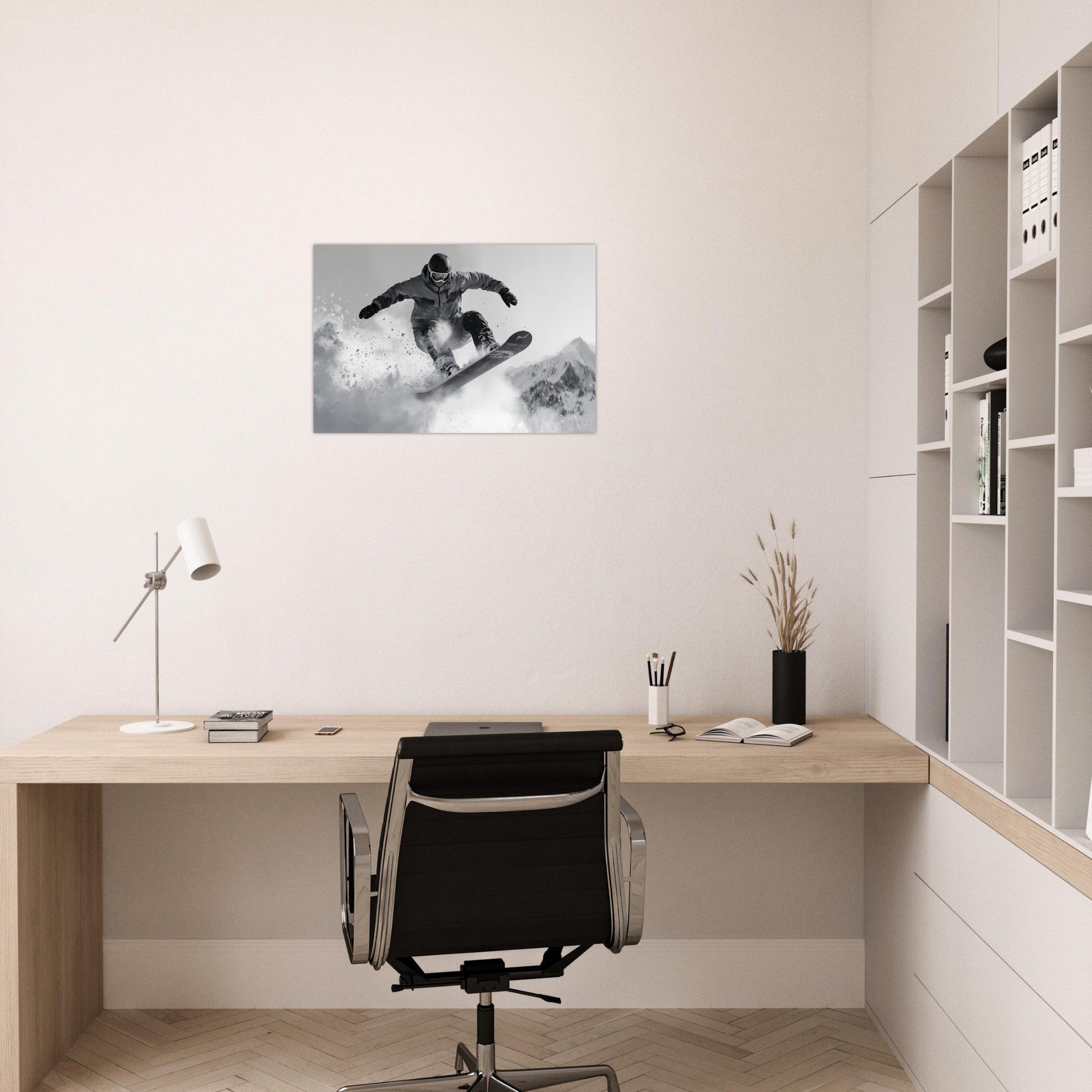 Tableau photo Photo d'un snowboardeur dans la poudre - Noir & Blanc — tirage aluminium Dibond mat, fabrication française, prêt à accrocher