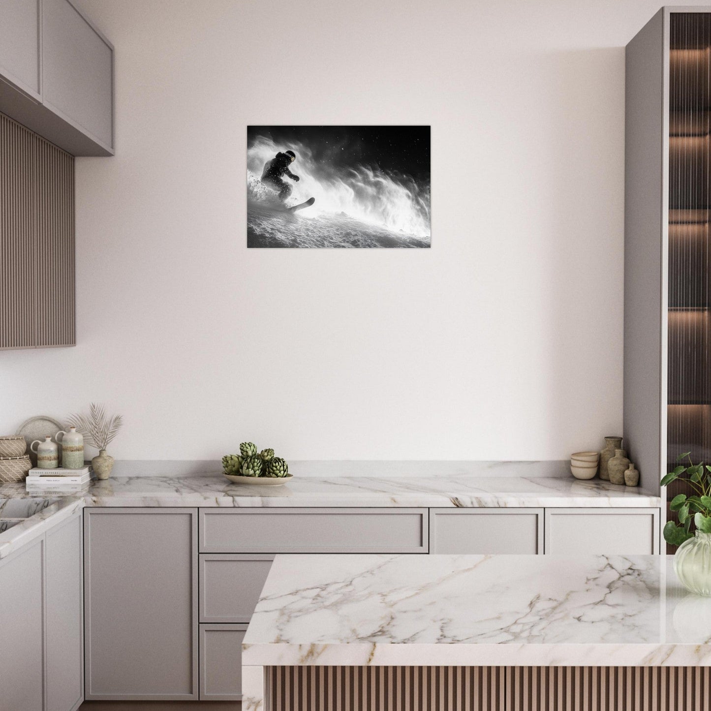 Tableau photo Photo d'un snowboardeur dans la poudre - Noir & Blanc — tirage aluminium Dibond mat, fabrication française, prêt à accrocher