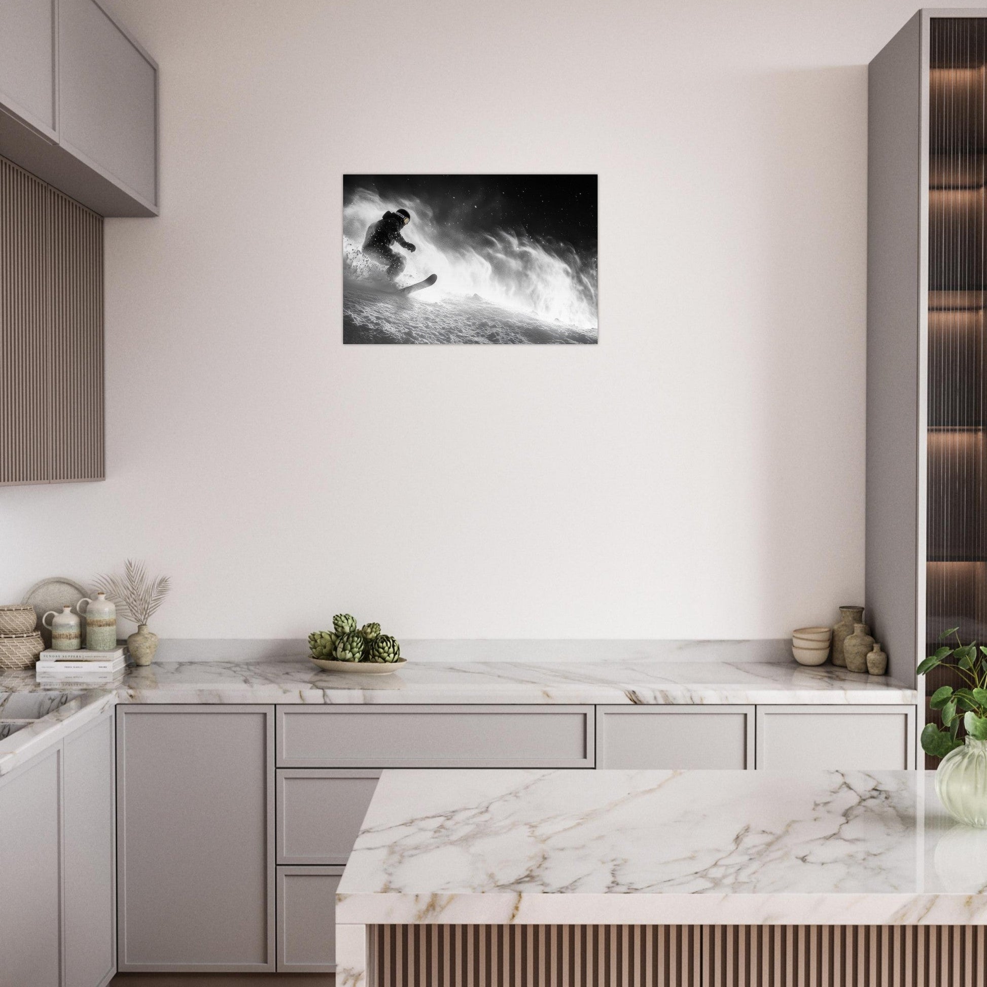 Tableau photo Photo d'un snowboardeur dans la poudre - Noir & Blanc — tirage aluminium Dibond mat, fabrication française, prêt à accrocher