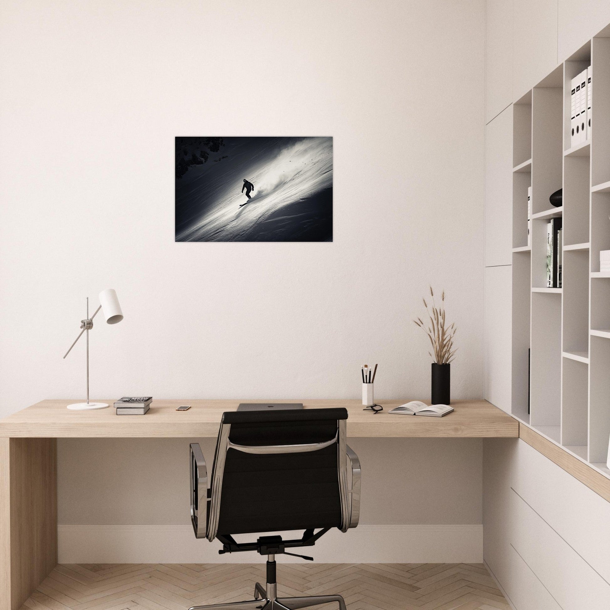 Tableau photo Photo d'un snowboardeur dans la poudre - Noir & Blanc — tirage aluminium Dibond mat, fabrication française, prêt à accrocher