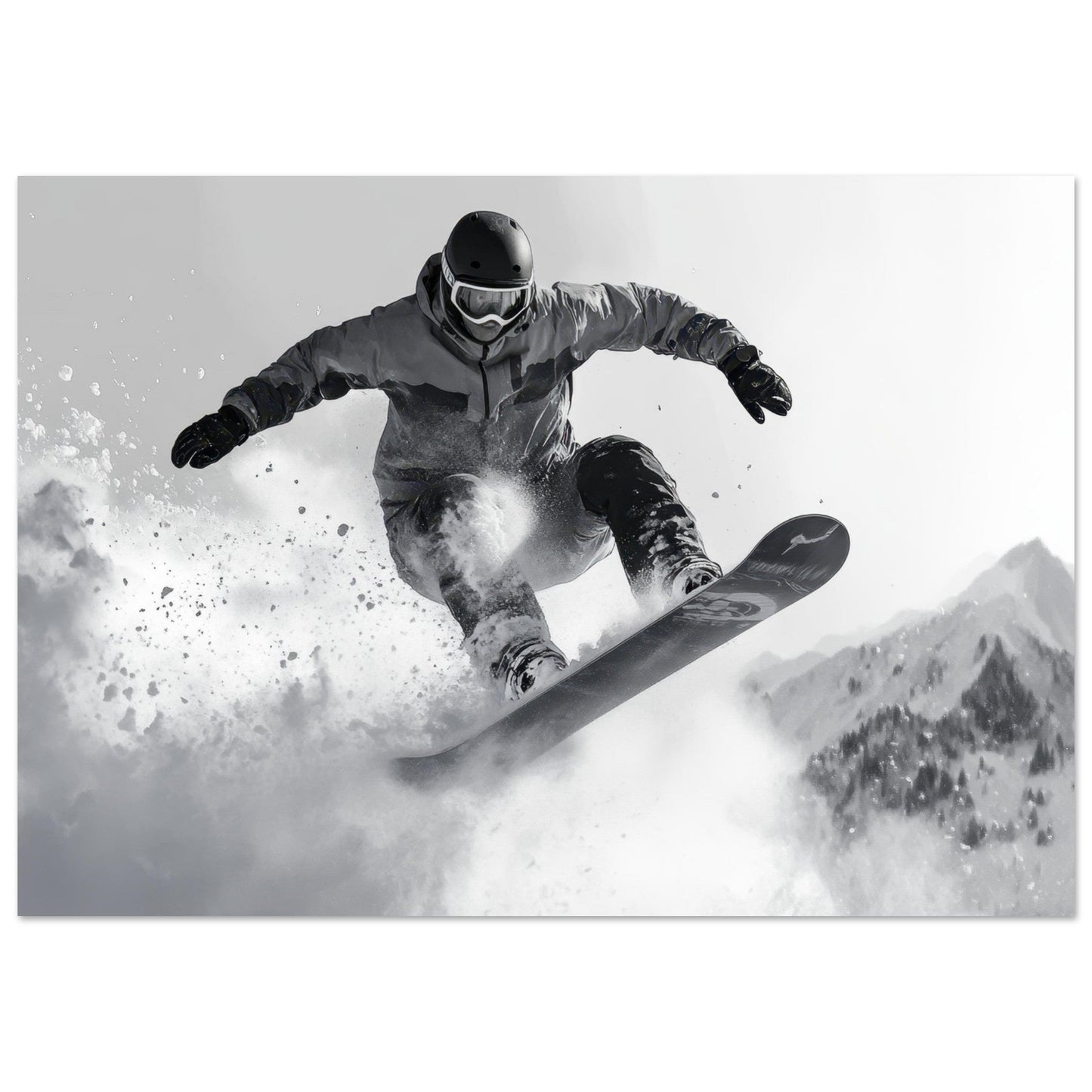 Tableau photo Photo d'un snowboardeur dans la poudre - Noir & Blanc — tirage aluminium Dibond mat, fabrication française, prêt à accrocher