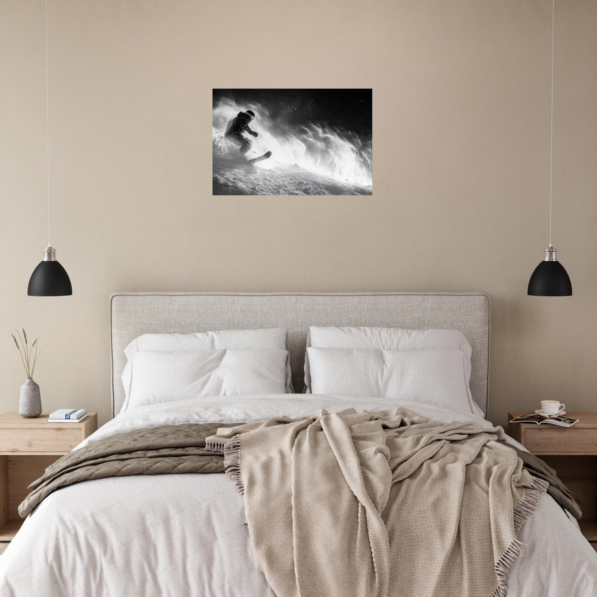 Tableau photo Photo d'un snowboardeur dans la poudre - Noir & Blanc — tirage aluminium Dibond mat, fabrication française, prêt à accrocher