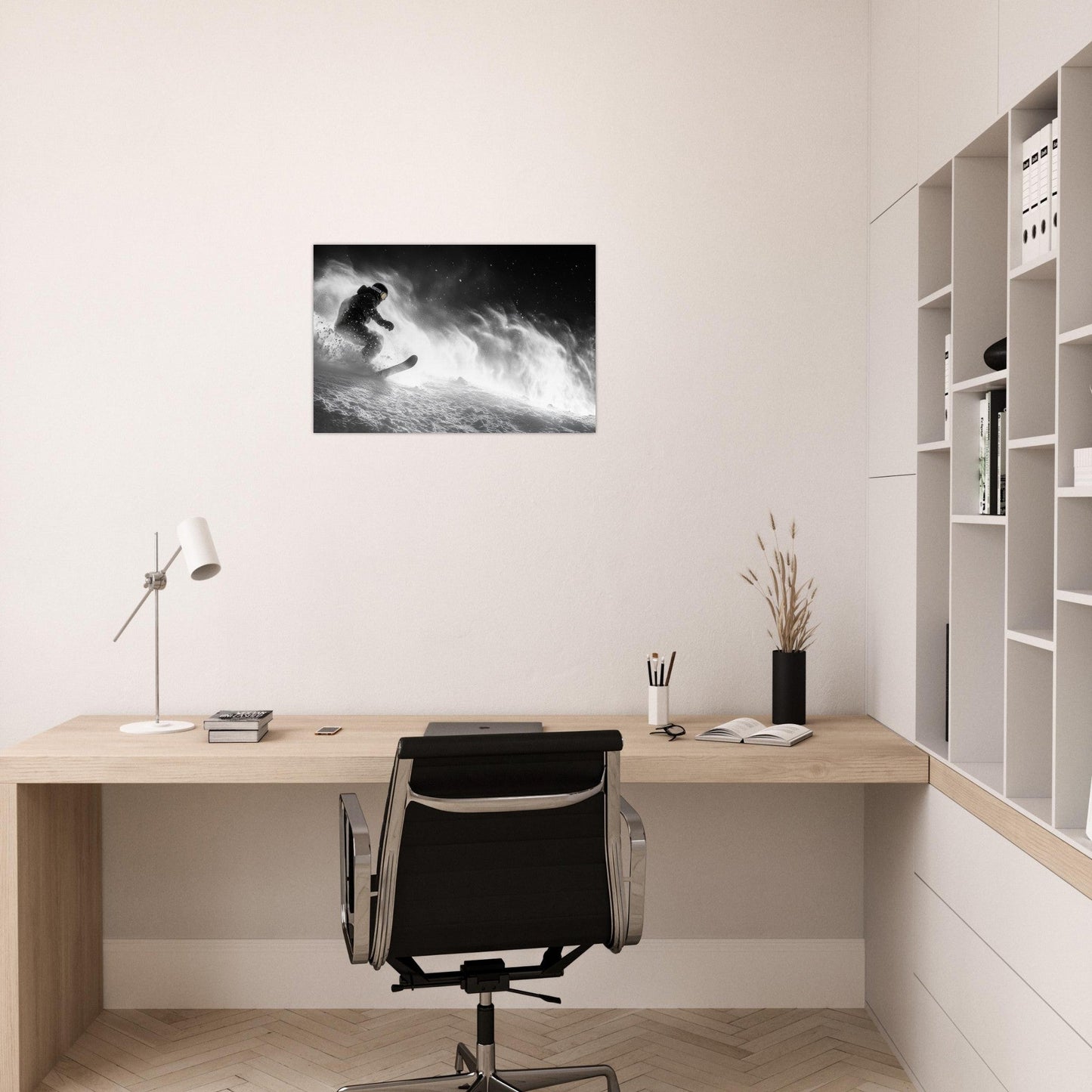 Tableau photo Photo d'un snowboardeur dans la poudre - Noir & Blanc — tirage aluminium Dibond mat, fabrication française, prêt à accrocher
