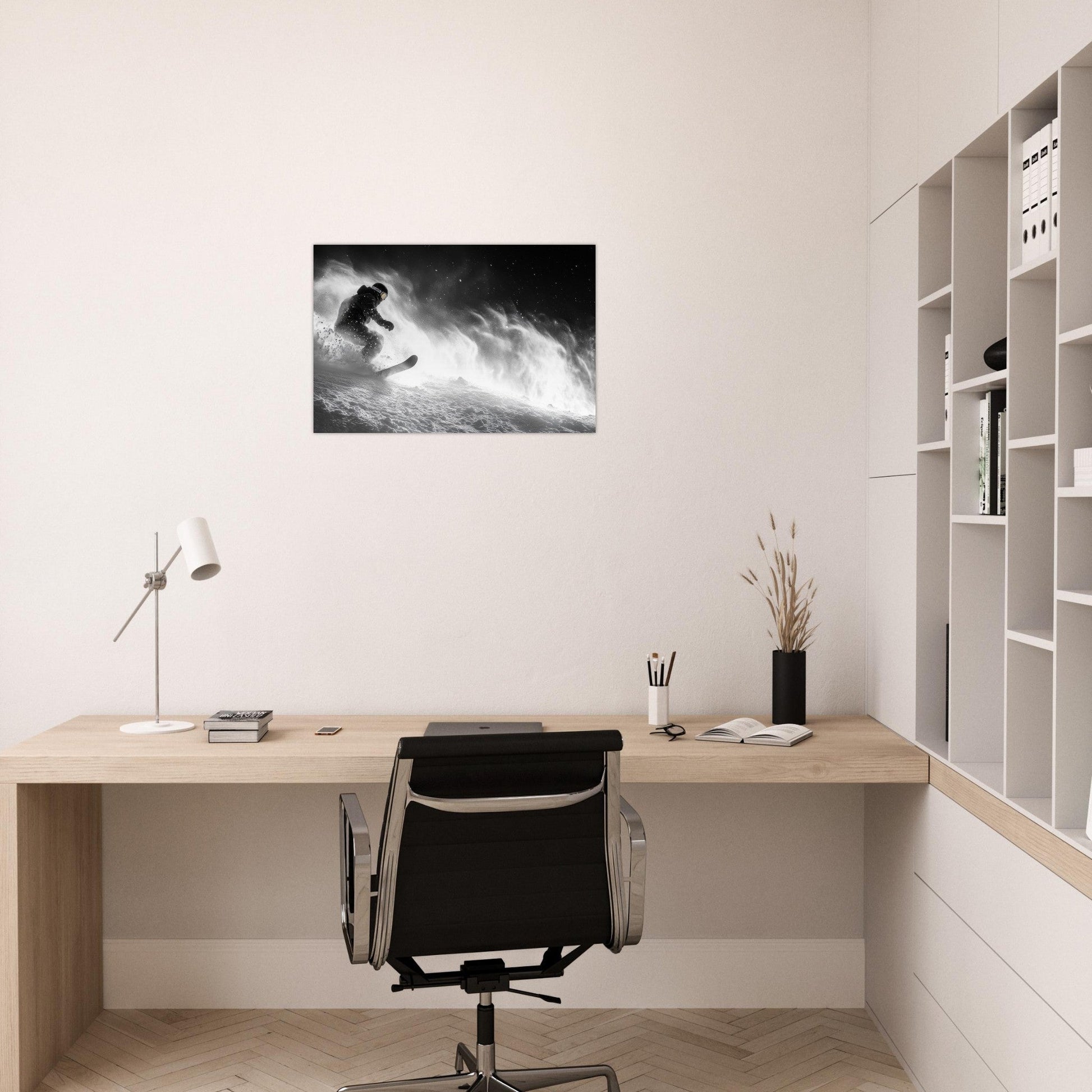 Tableau photo Photo d'un snowboardeur dans la poudre - Noir & Blanc — tirage aluminium Dibond mat, fabrication française, prêt à accrocher