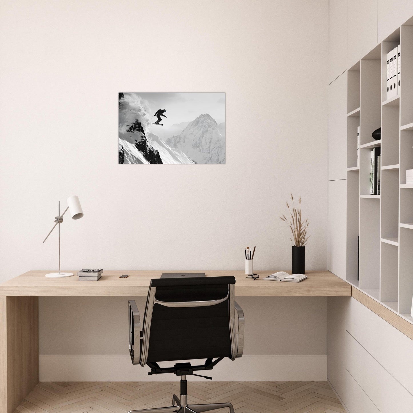 Tableau photo Photo d'un snowboardeur dans la poudre - Noir & Blanc — tirage aluminium Dibond mat, fabrication française, prêt à accrocher