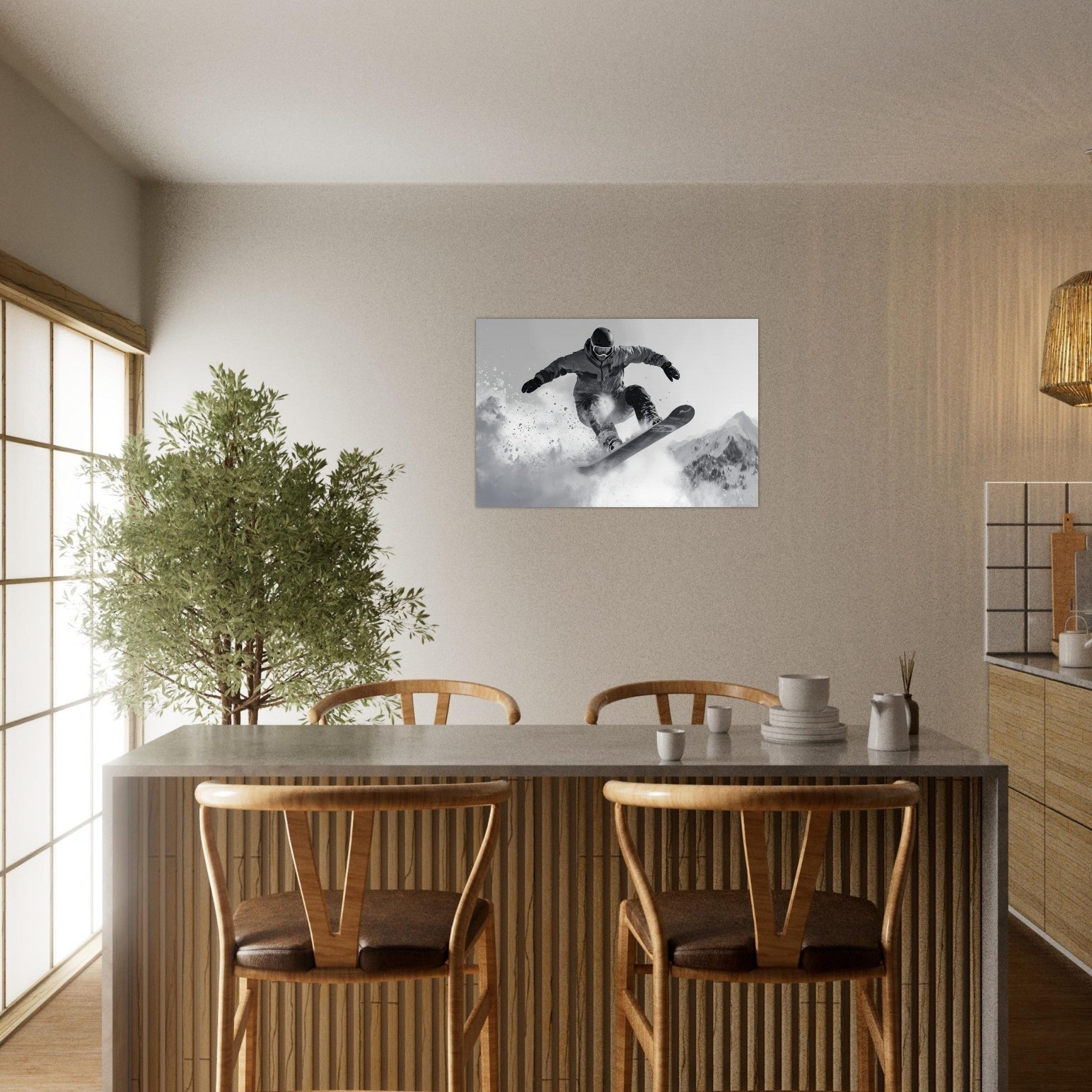 Tableau photo Photo d'un snowboardeur dans la poudre - Noir & Blanc — tirage aluminium Dibond mat, fabrication française, prêt à accrocher
