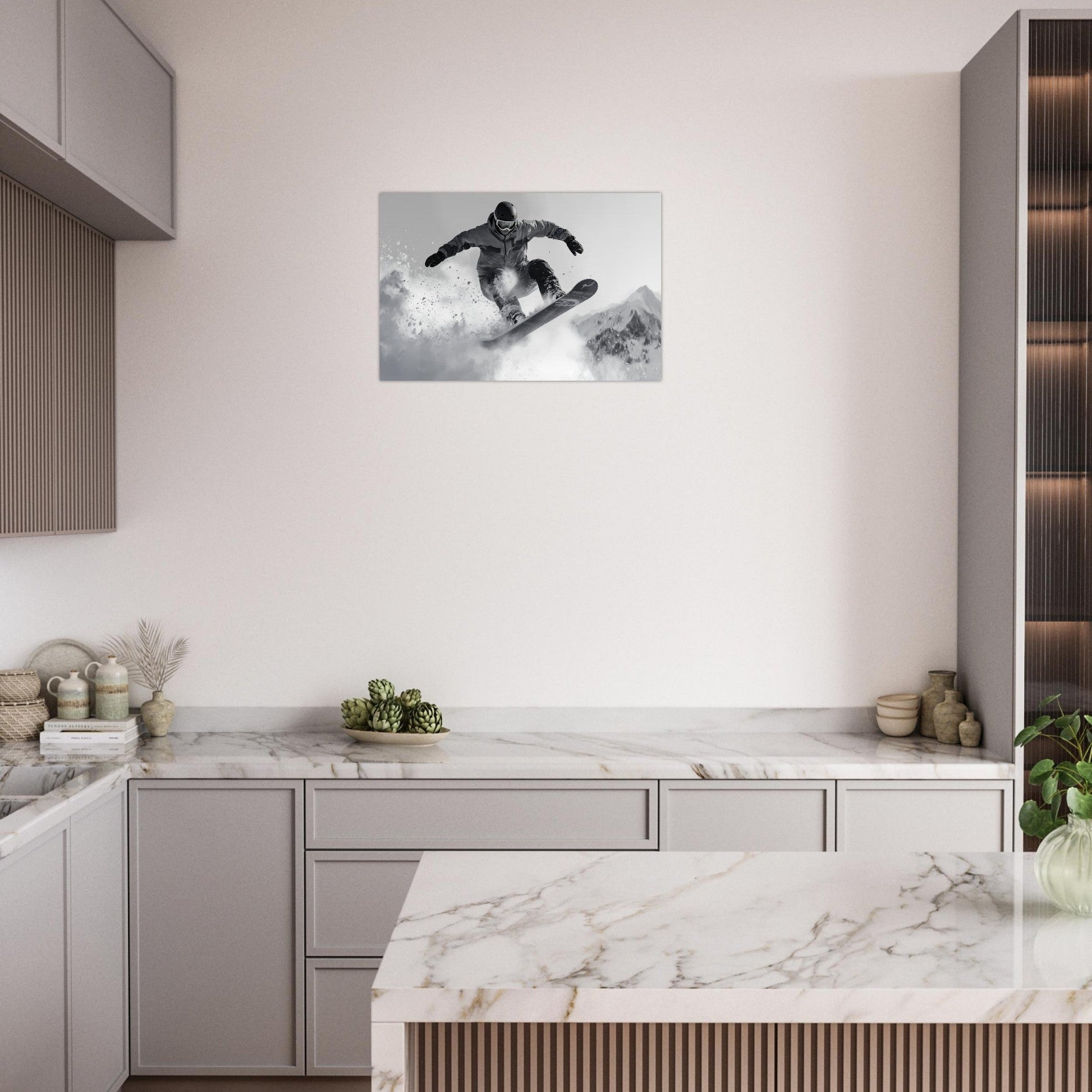 Tableau photo Photo d'un snowboardeur dans la poudre - Noir & Blanc — tirage aluminium Dibond mat, fabrication française, prêt à accrocher