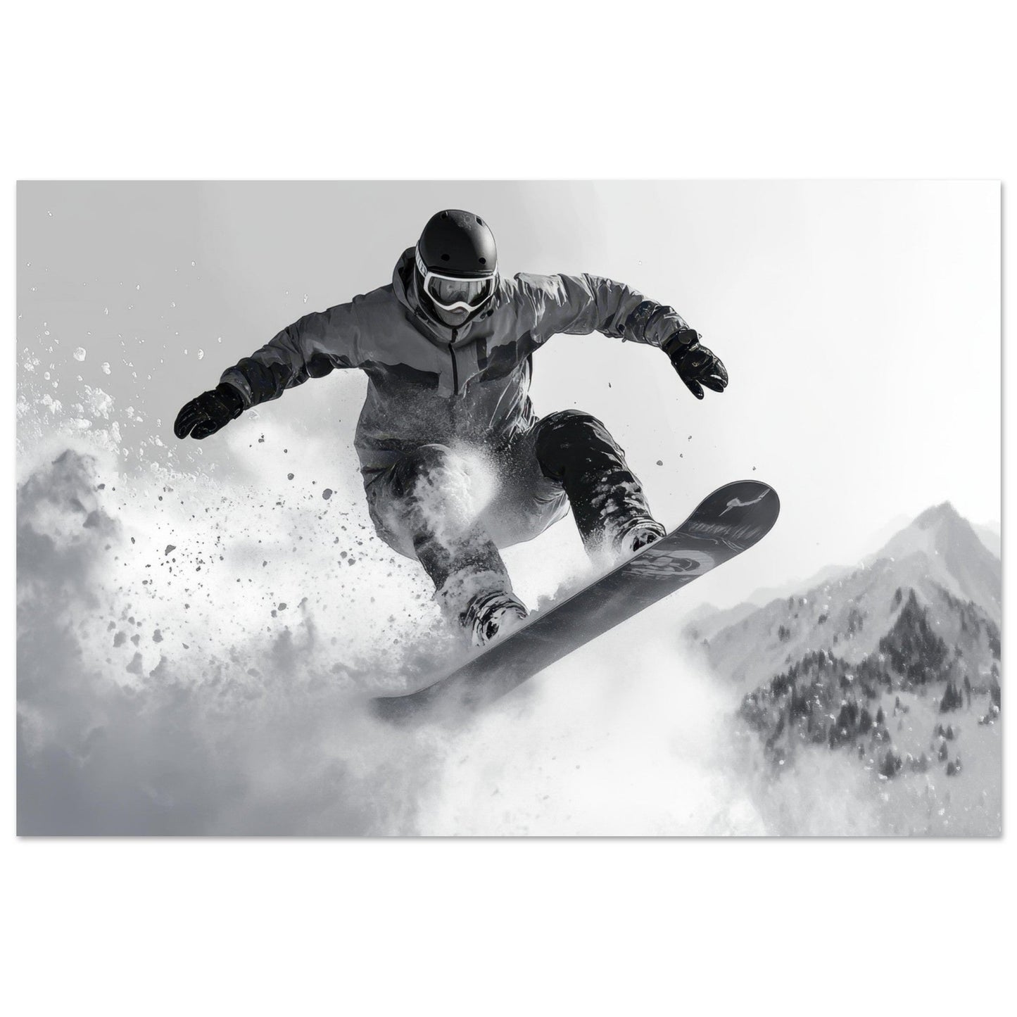 Tableau photo Photo d'un snowboardeur dans la poudre - Noir & Blanc — tirage aluminium Dibond mat, fabrication française, prêt à accrocher