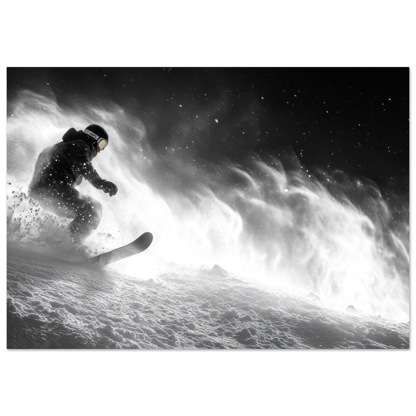 Tableau photo Photo d'un snowboardeur dans la poudre - Noir & Blanc — tirage aluminium Dibond mat, fabrication française, prêt à accrocher