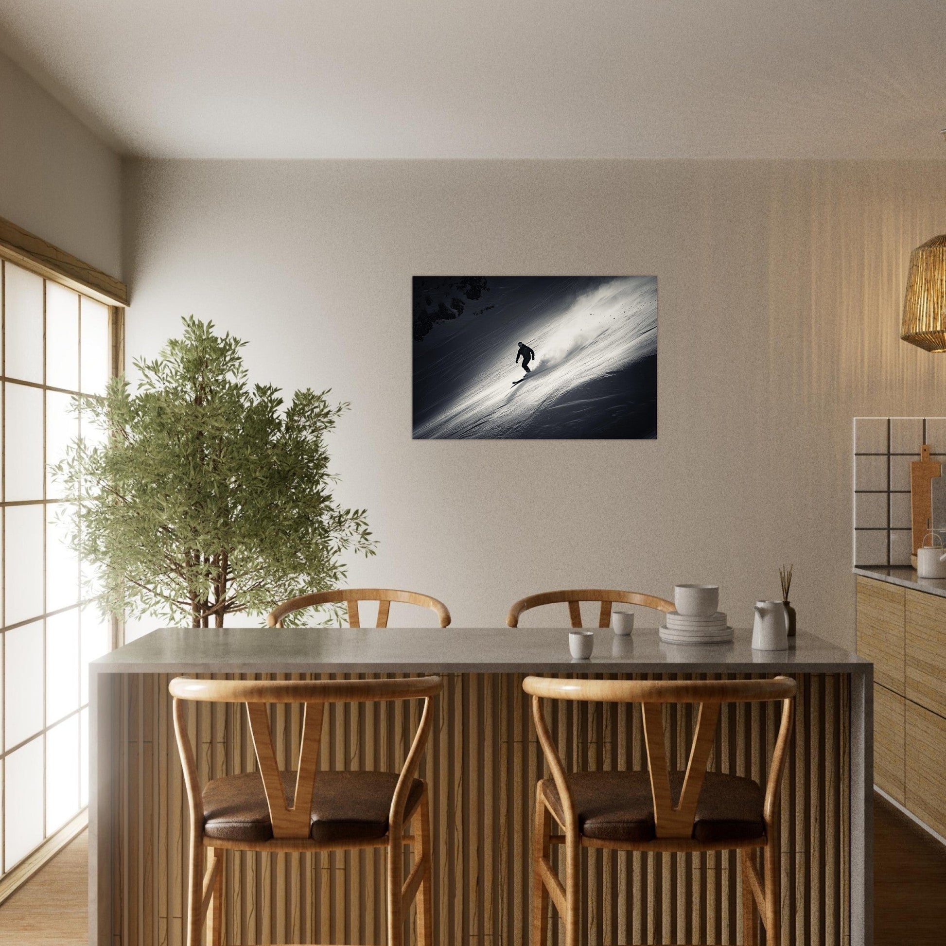 Tableau photo Photo d'un snowboardeur dans la poudre - Noir & Blanc — tirage aluminium Dibond mat, fabrication française, prêt à accrocher