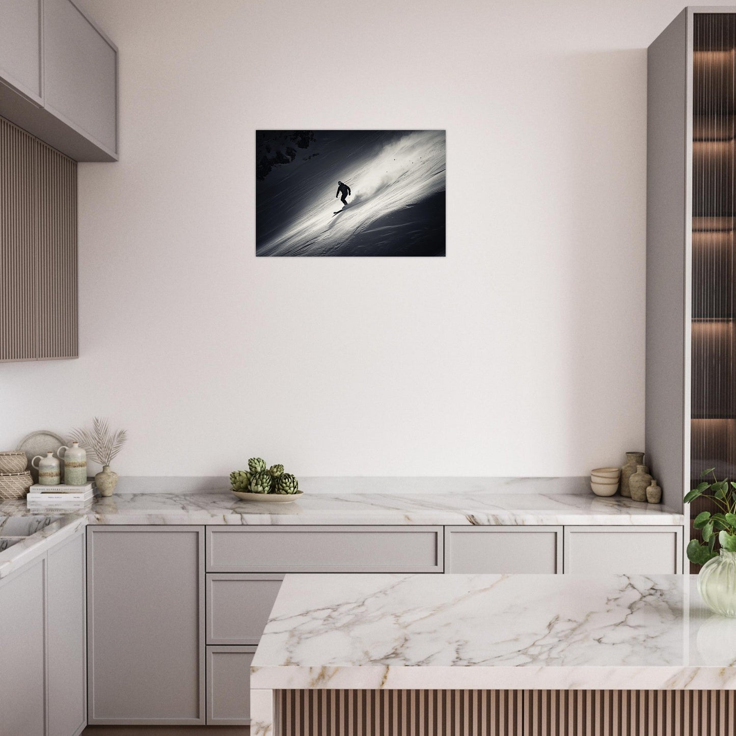 Tableau photo Photo d'un snowboardeur dans la poudre - Noir & Blanc — tirage aluminium Dibond mat, fabrication française, prêt à accrocher