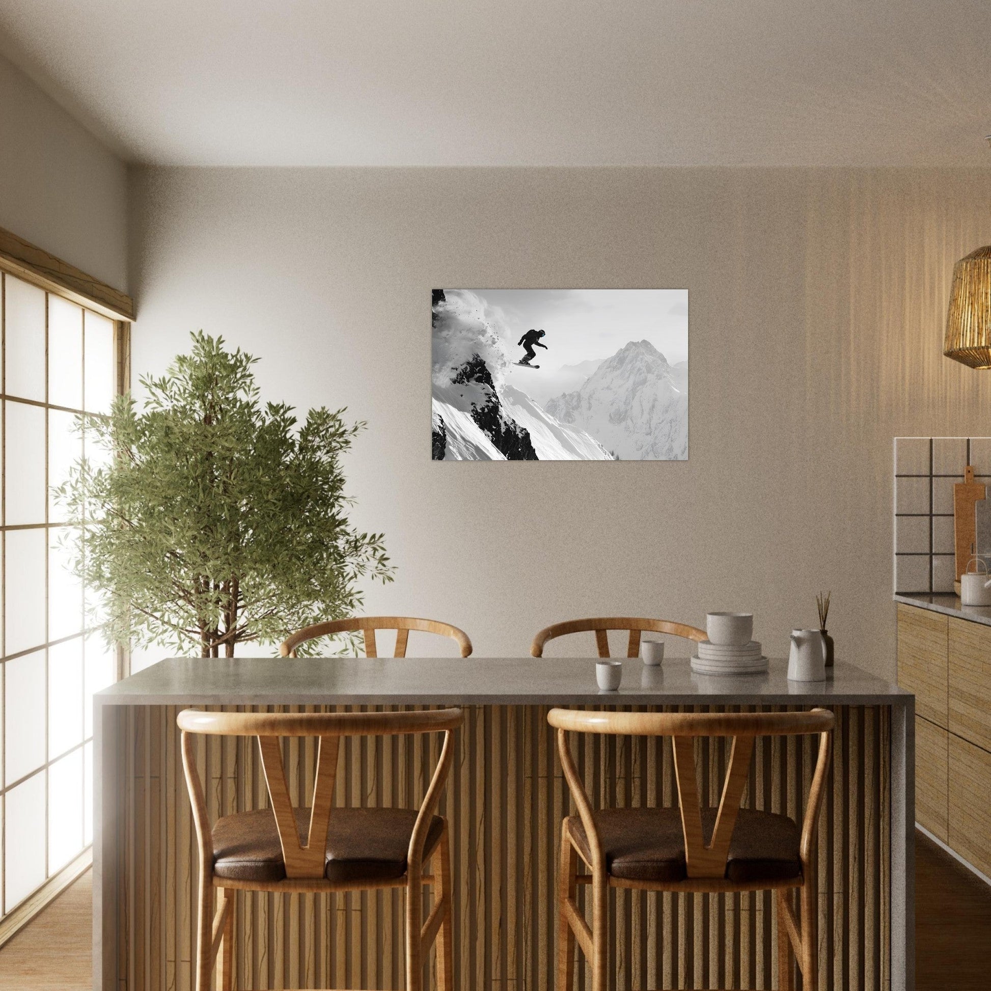 Tableau photo Photo d'un snowboardeur dans la poudre - Noir & Blanc — tirage aluminium Dibond mat, fabrication française, prêt à accrocher