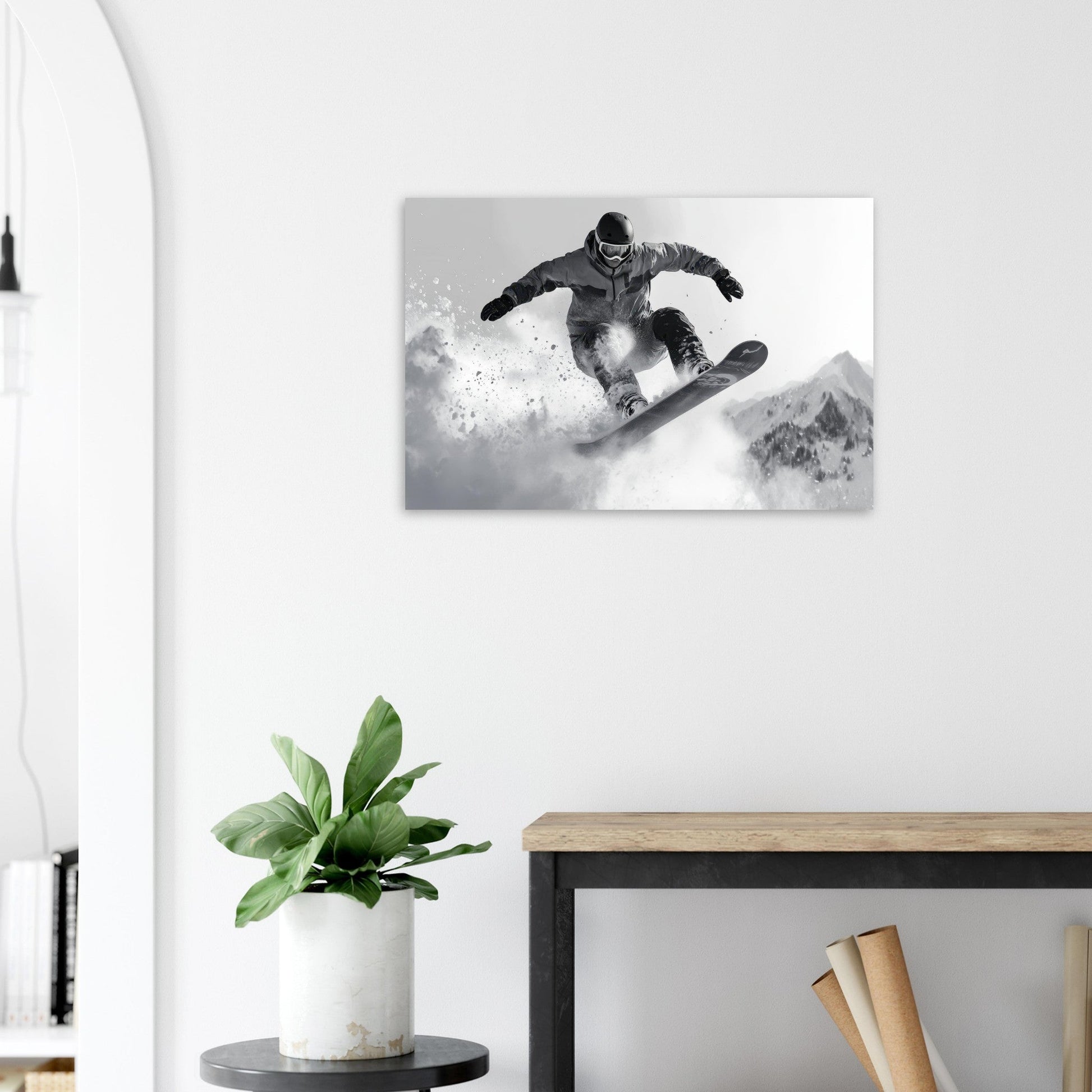 Tableau photo Photo d'un snowboardeur dans la poudre - Noir & Blanc — tirage aluminium Dibond mat, fabrication française, prêt à accrocher