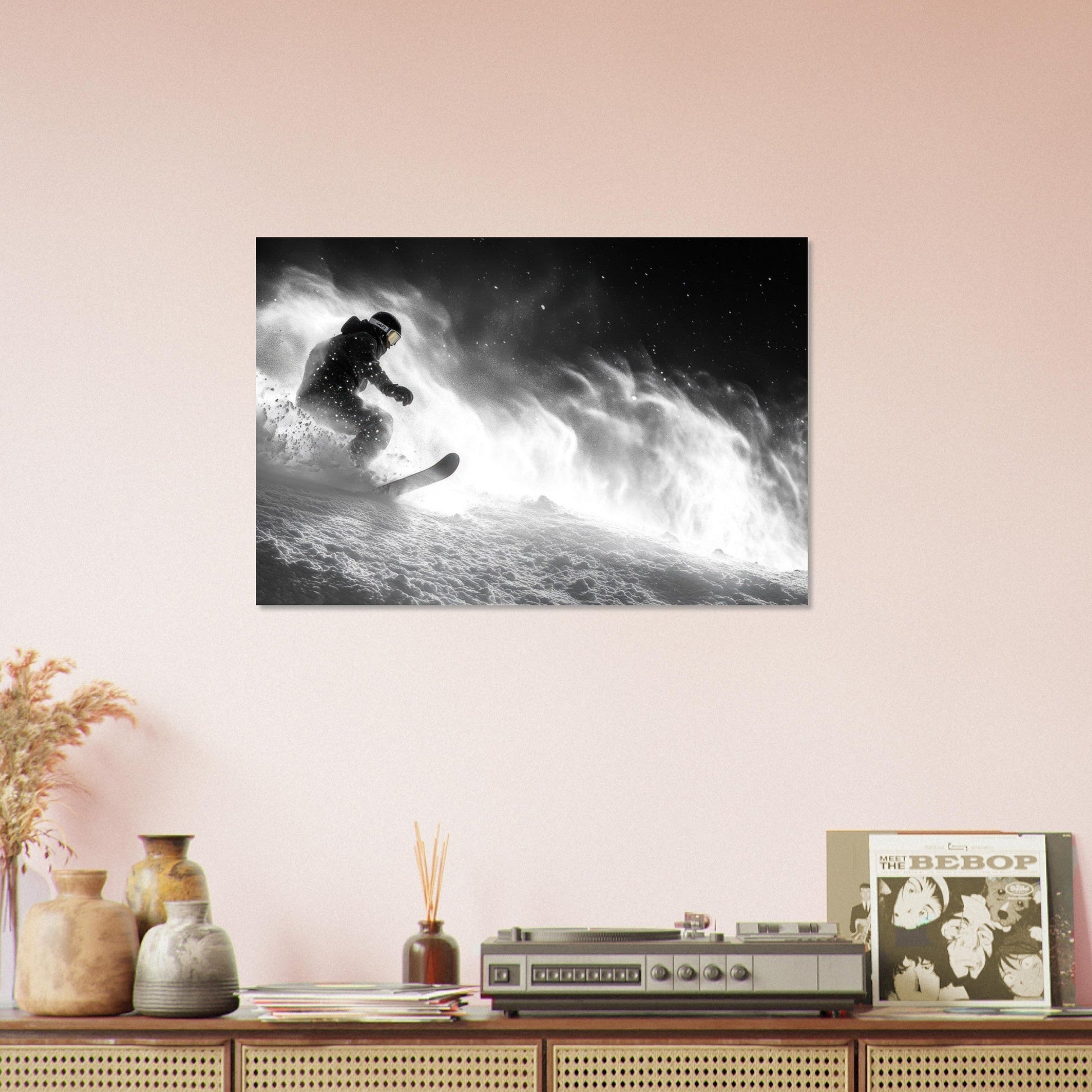 Tableau photo Photo d'un snowboardeur dans la poudre - Noir & Blanc — tirage aluminium Dibond mat, fabrication française, prêt à accrocher