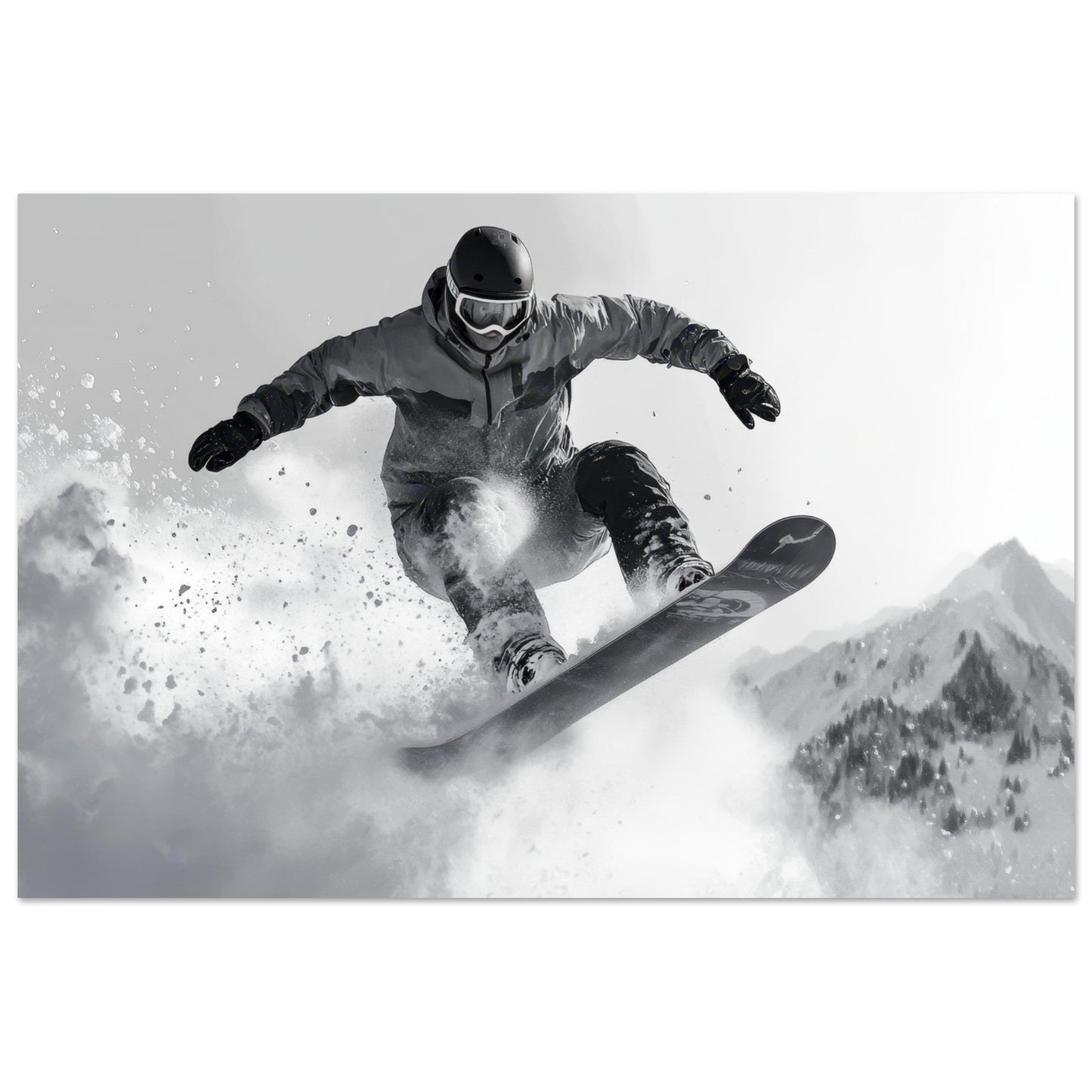 Tableau photo Photo d'un snowboardeur dans la poudre - Noir & Blanc — tirage aluminium Dibond mat, fabrication française, prêt à accrocher