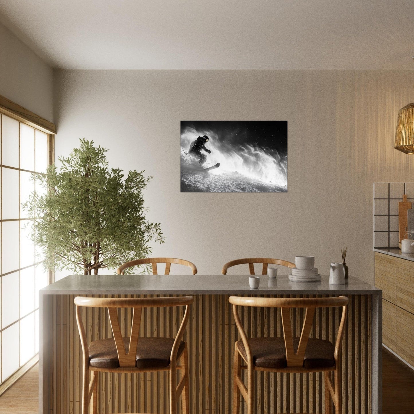 Tableau photo Photo d'un snowboardeur dans la poudre - Noir & Blanc — tirage aluminium Dibond mat, fabrication française, prêt à accrocher