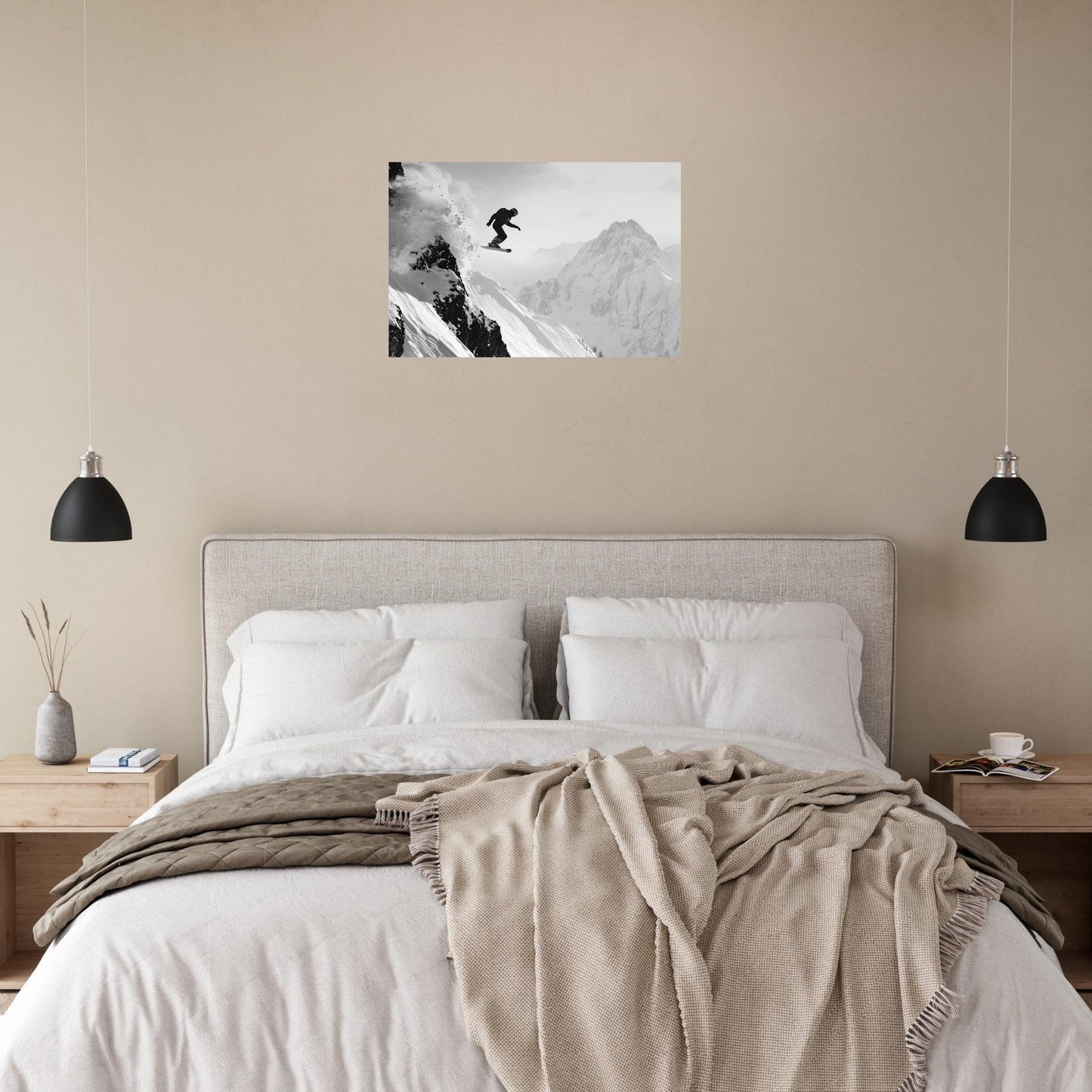 Tableau photo Photo d'un snowboardeur dans la poudre - Noir & Blanc — tirage aluminium Dibond mat, fabrication française, prêt à accrocher