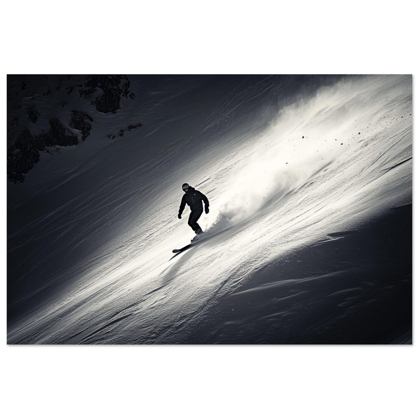 Tableau photo Photo d'un snowboardeur dans la poudre - Noir & Blanc — tirage aluminium Dibond mat, fabrication française, prêt à accrocher