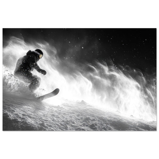 Tableau photo Photo d'un snowboardeur dans la poudre - Noir & Blanc — tirage aluminium Dibond mat, fabrication française, prêt à accrocher