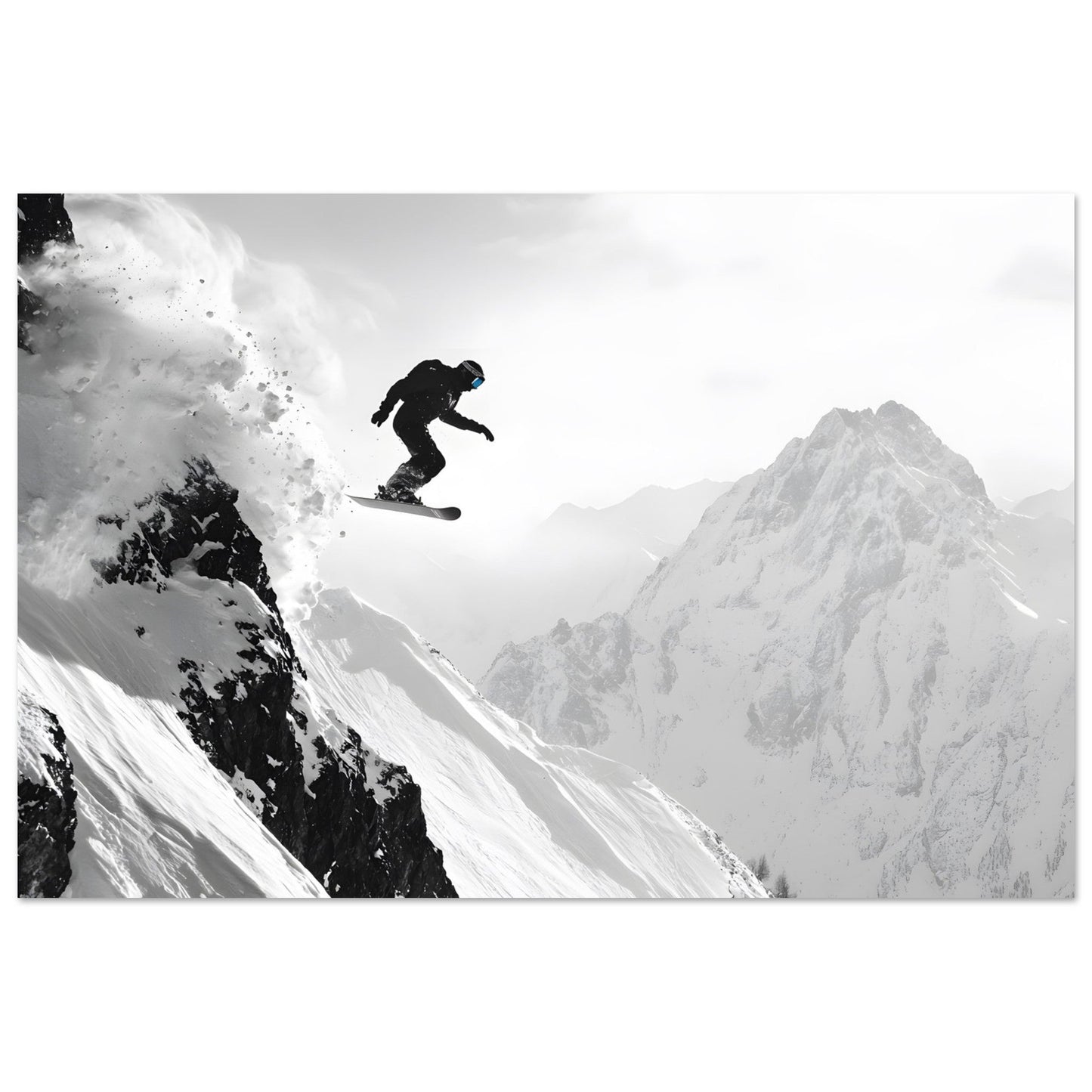Tableau photo Photo d'un snowboardeur dans la poudre - Noir & Blanc — tirage aluminium Dibond mat, fabrication française, prêt à accrocher