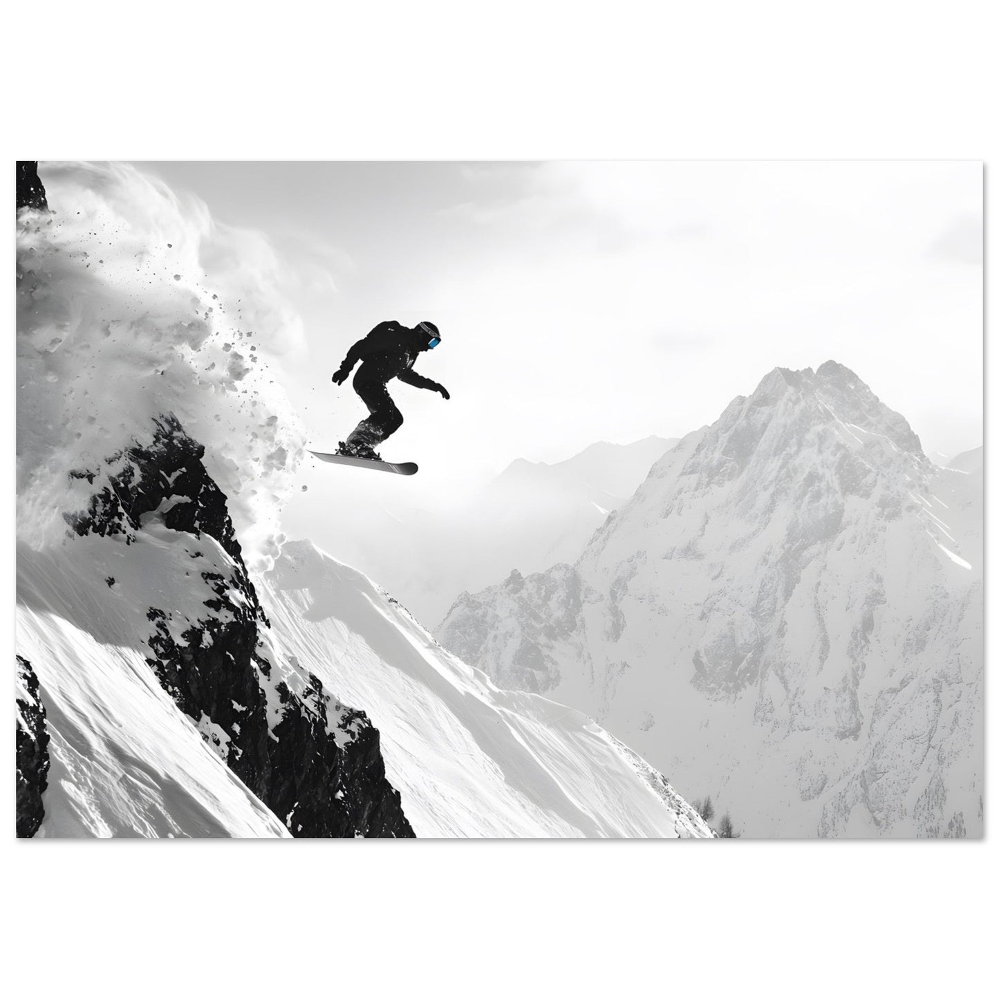 Tableau photo Photo d'un snowboardeur dans la poudre - Noir & Blanc — tirage aluminium Dibond mat, fabrication française, prêt à accrocher