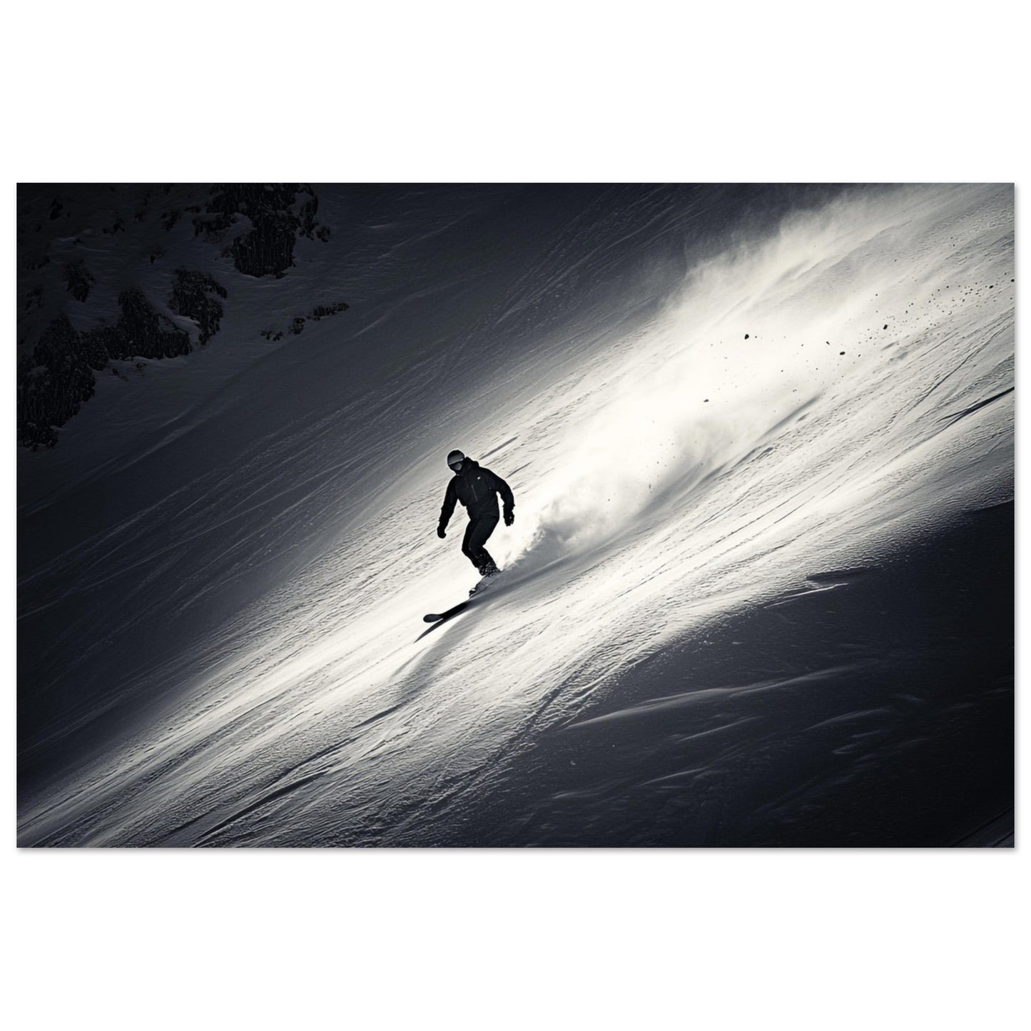 Tableau photo Photo d'un snowboardeur dans la poudre - Noir & Blanc — tirage aluminium Dibond mat, fabrication française, prêt à accrocher