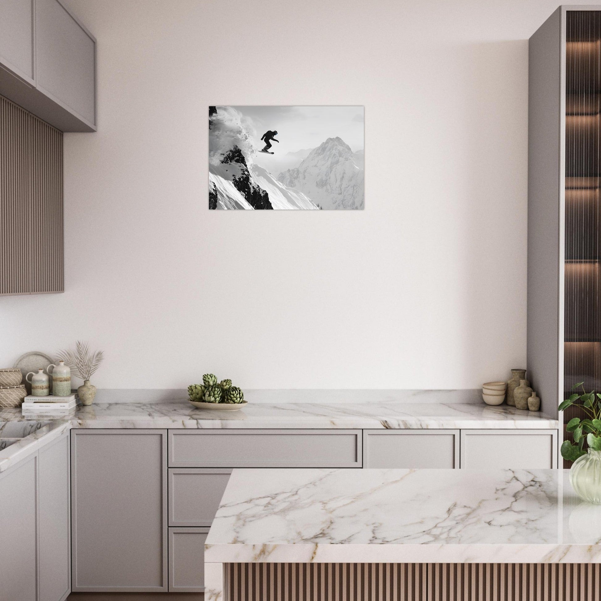 Tableau photo Photo d'un snowboardeur dans la poudre - Noir & Blanc — tirage aluminium Dibond mat, fabrication française, prêt à accrocher