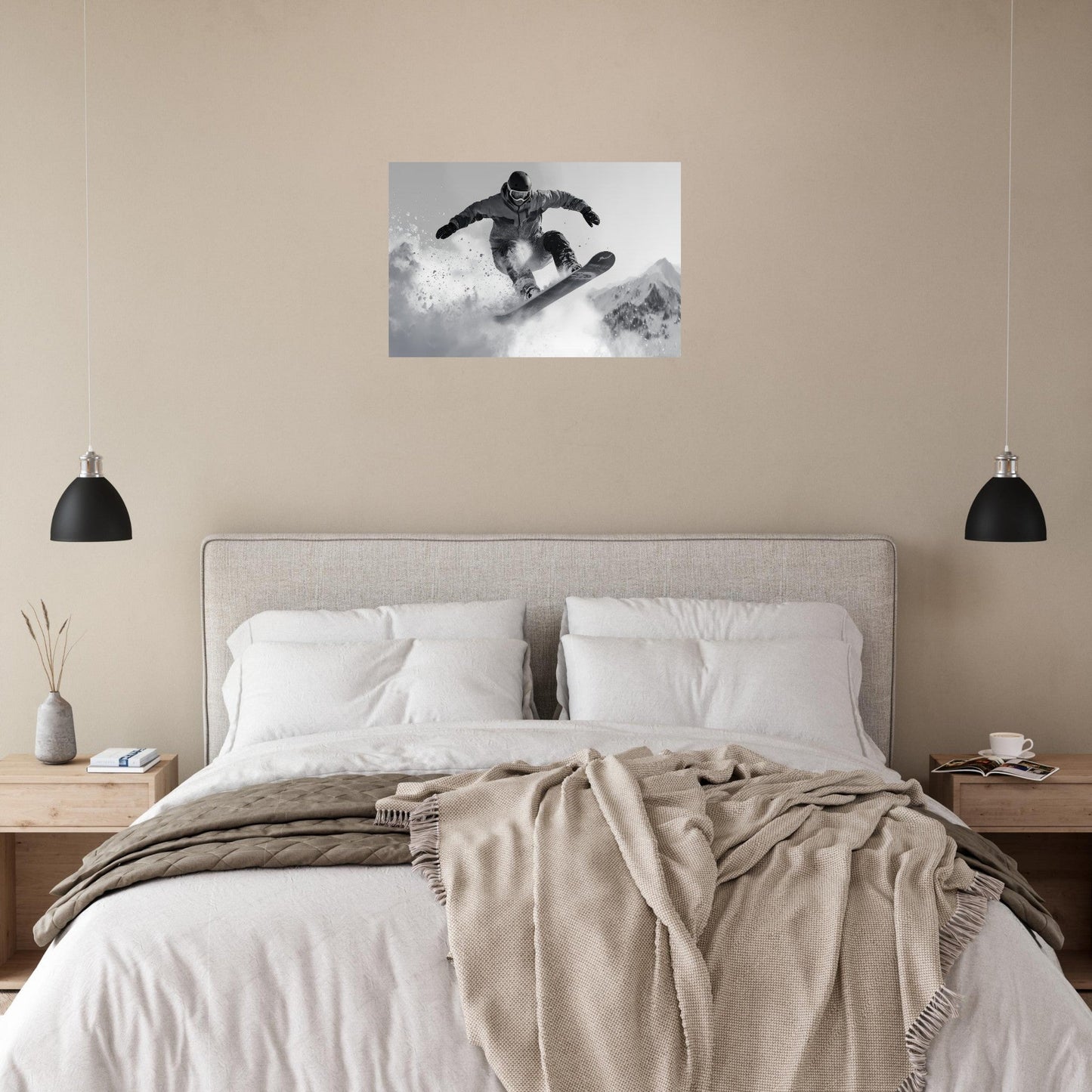 Tableau photo Photo d'un snowboardeur dans la poudre - Noir & Blanc — tirage aluminium Dibond mat, fabrication française, prêt à accrocher