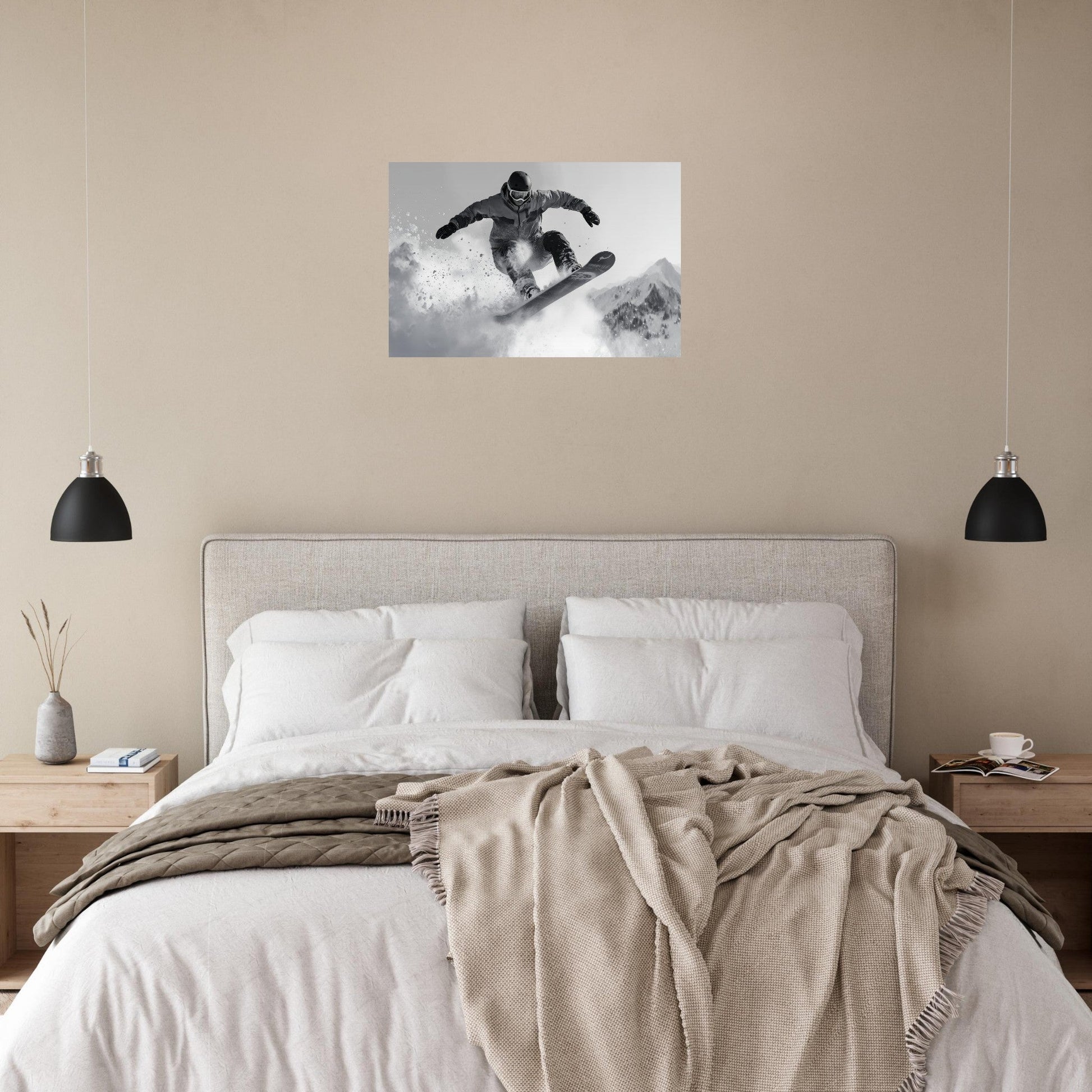 Tableau photo Photo d'un snowboardeur dans la poudre - Noir & Blanc — tirage aluminium Dibond mat, fabrication française, prêt à accrocher