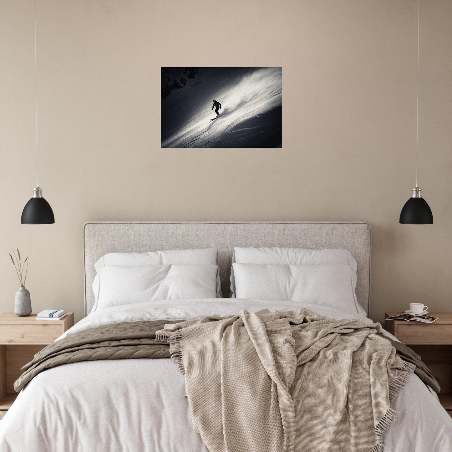 Tableau photo Photo d'un snowboardeur dans la poudre - Noir & Blanc — tirage aluminium Dibond mat, fabrication française, prêt à accrocher