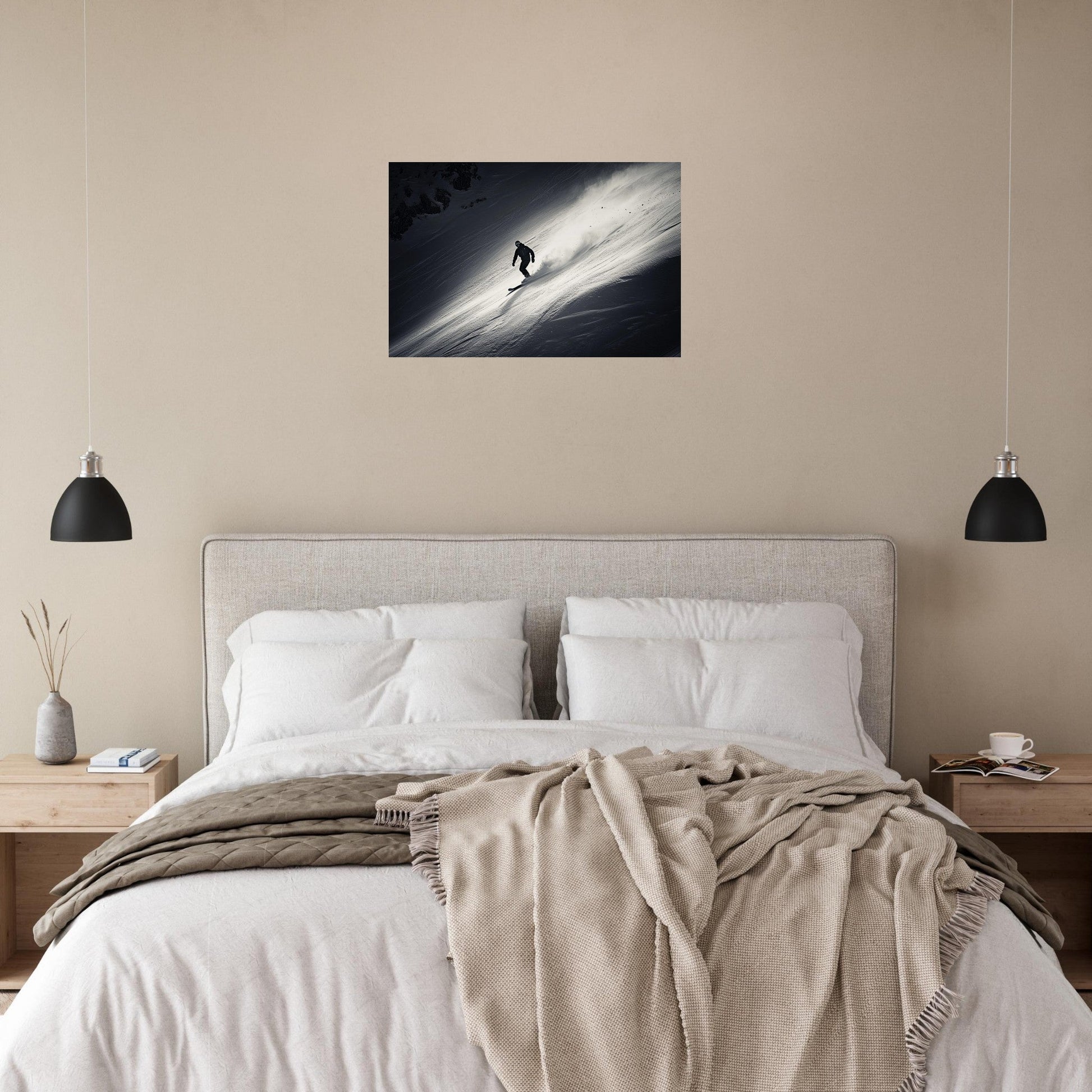Tableau photo Photo d'un snowboardeur dans la poudre - Noir & Blanc — tirage aluminium Dibond mat, fabrication française, prêt à accrocher