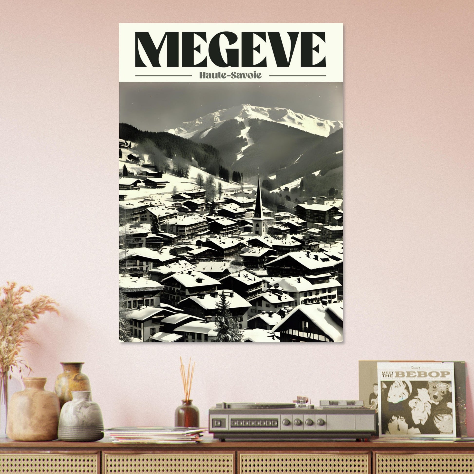 Affiche vintage Megève, Haute-Savoie - Noir & Blanc - Tableau rétro alu montagne