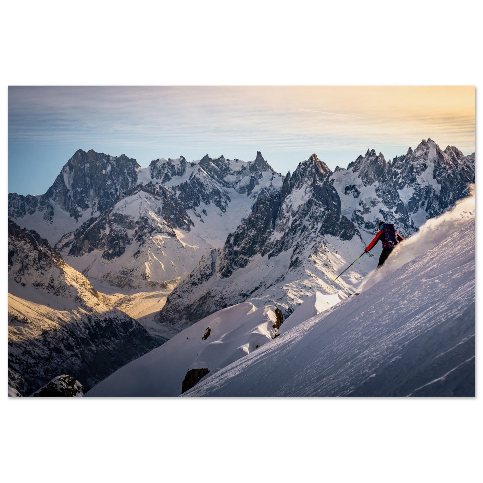 Photo print of a skier in the Aiguilles Rouges facing the Mont-Blanc massif