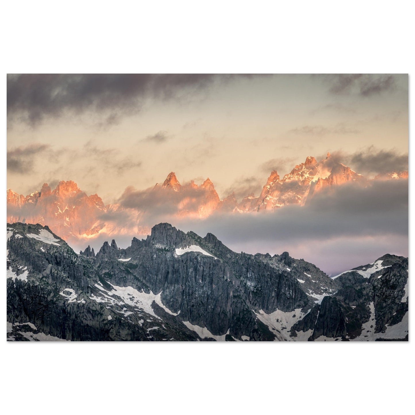 Photo des aiguilles du Mont-Blanc au coucher de soleil - Tableau photo alu montagne