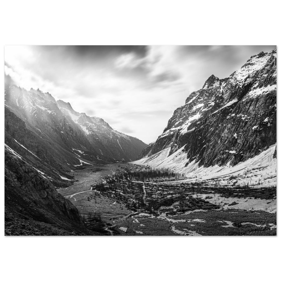 Tableau photo sur aluminium Dibond : Le Pré de Madame Carle, Massif des Écrins, en noir et blanc