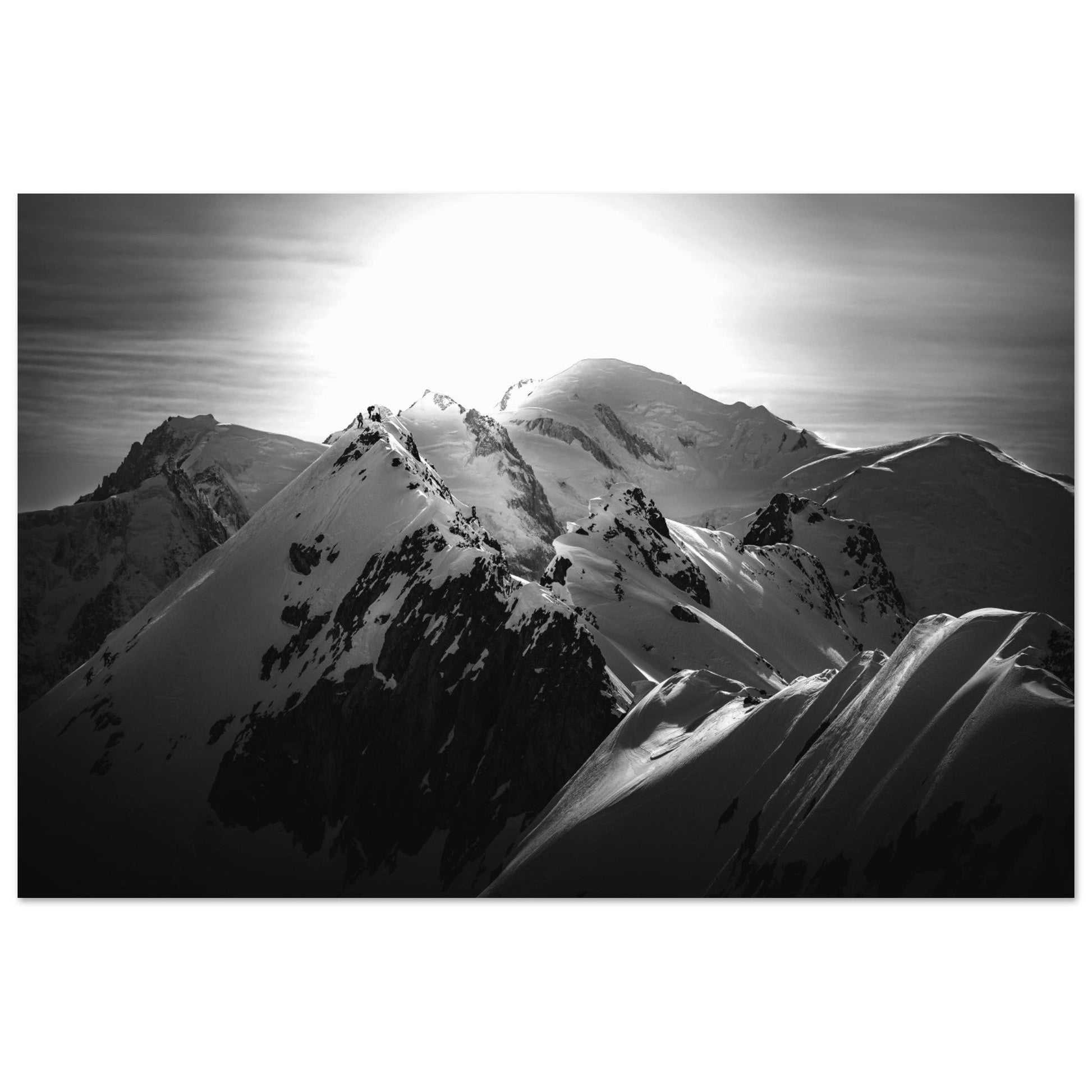 Photo d'un coucher de soleil sur l'Aiguille Crochue et le Mont-Blanc - Noir & Blanc - Tableau photo alu montagne