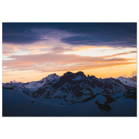 Photo d'un coucher de soleil sur le Grand Marchet et les sommets de la Vanoise - Tableau photo alu montagne