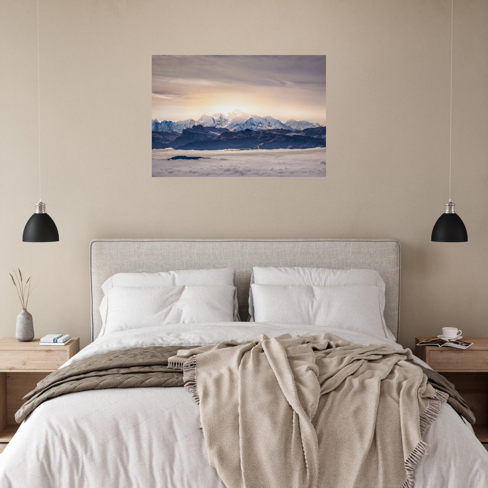 Vente Photo d'un coucher de soleil sur le Mont-blanc et sa mer de nuages - Tableau photo alu montagne