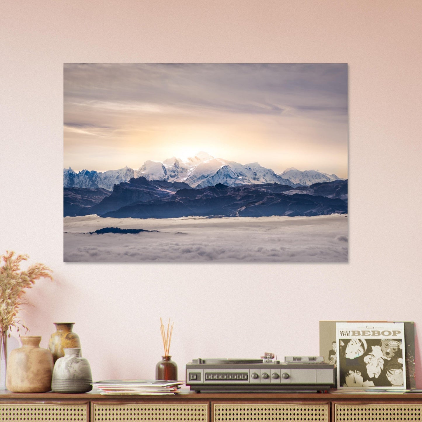 Vente Photo d'un coucher de soleil sur le Mont-blanc et sa mer de nuages - Tableau photo alu montagne