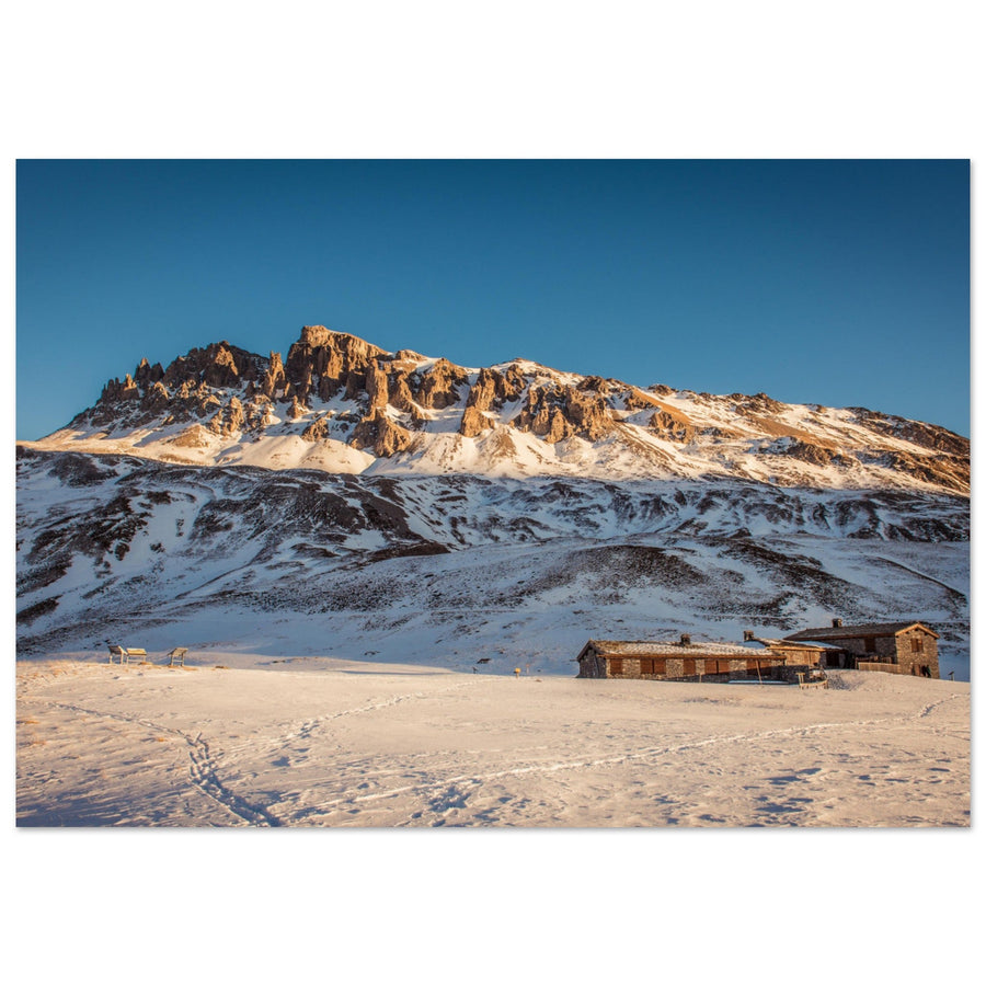 Tableau photo sur aluminium Dibond : Un coucher de soleil sur le refuge du Plan du Lac, Vanoise