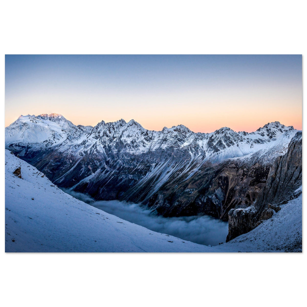 Lever de soleil sur le glacier de Gébroulaz, le dôme de Polset et l’Aiguille de Péclet