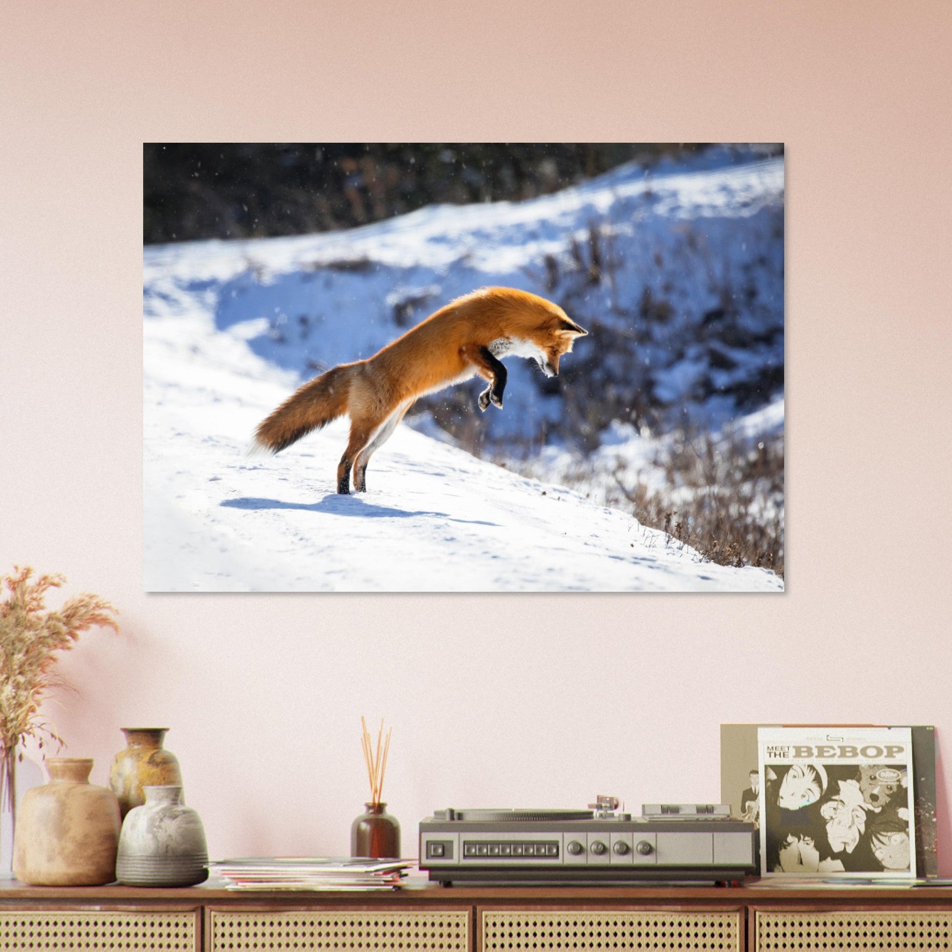 Vente Photo d'un renard qui saute dans la neige - Tableau photo alu montagne
