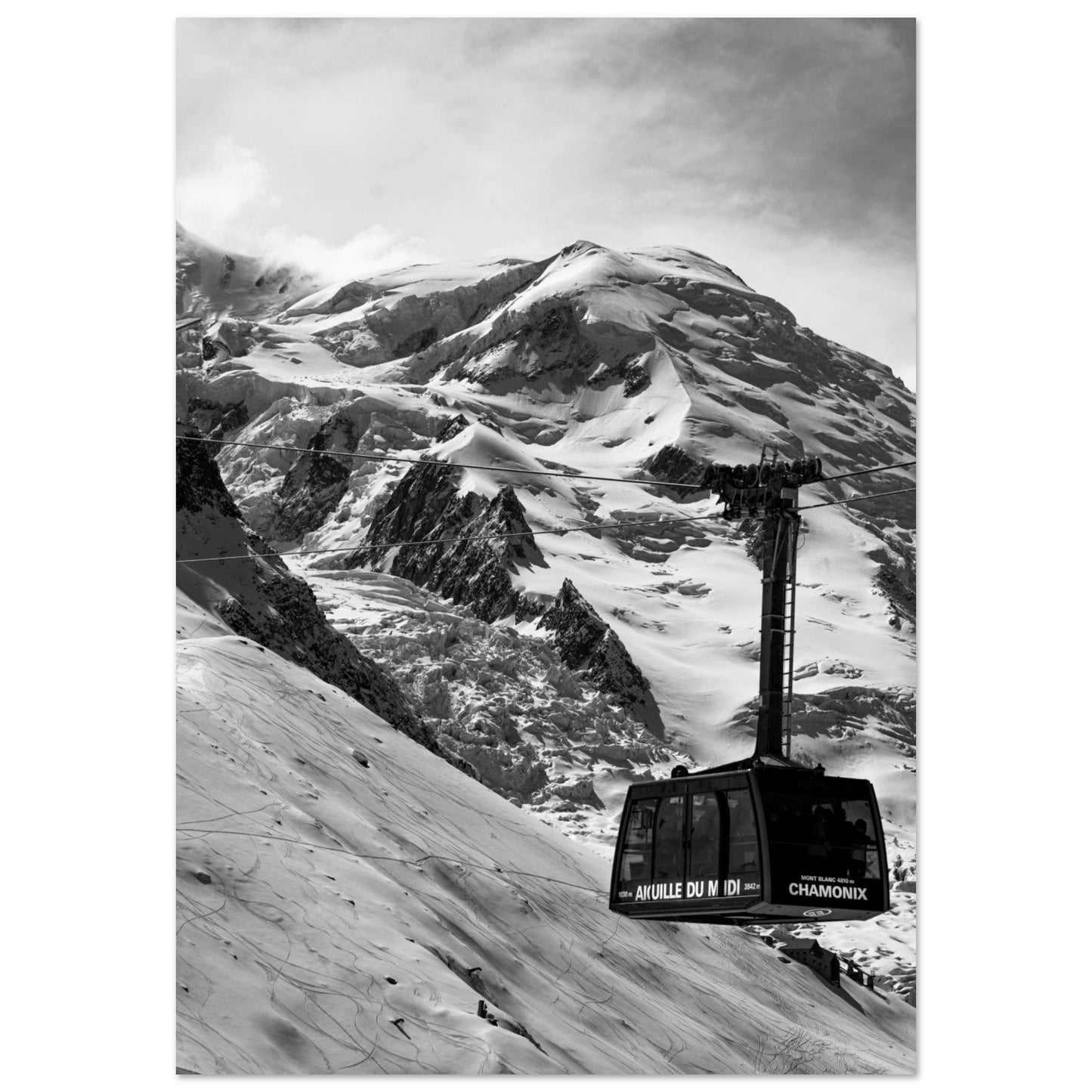 Photo télécabine de l'Aiguille du Midi, Mont-Blanc, Chamonix - Noir & Blanc - Tableau photo alu montagne