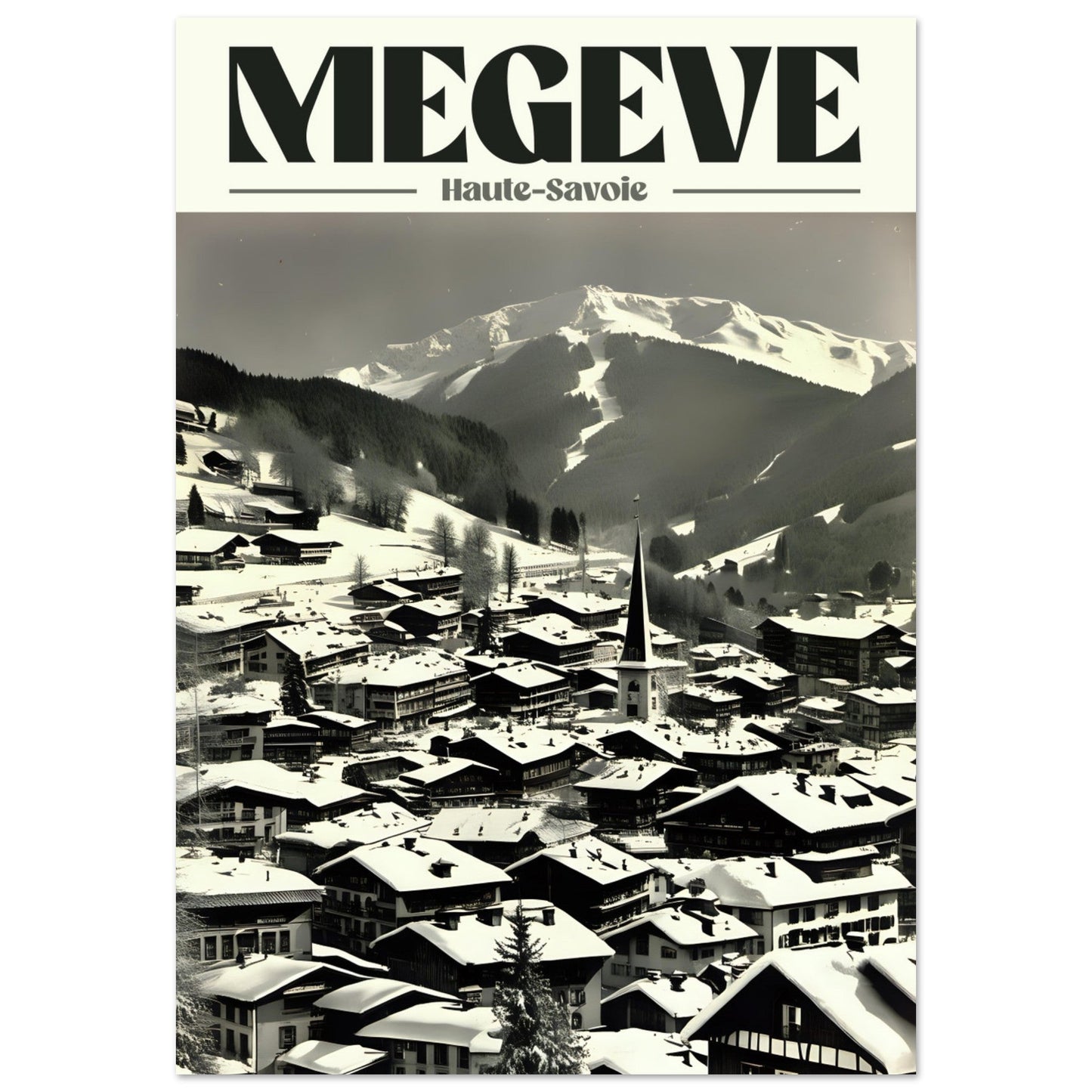 Tableau photo Tableau alu vintage Megève, Haute - Savoie - Noir & Blanc — tirage aluminium Dibond mat, fabrication française, prêt à accrocher