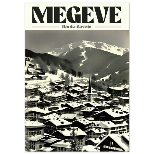 Tableau photo Tableau alu vintage Megève, Haute - Savoie - Noir & Blanc — tirage aluminium Dibond mat, fabrication française, prêt à accrocher