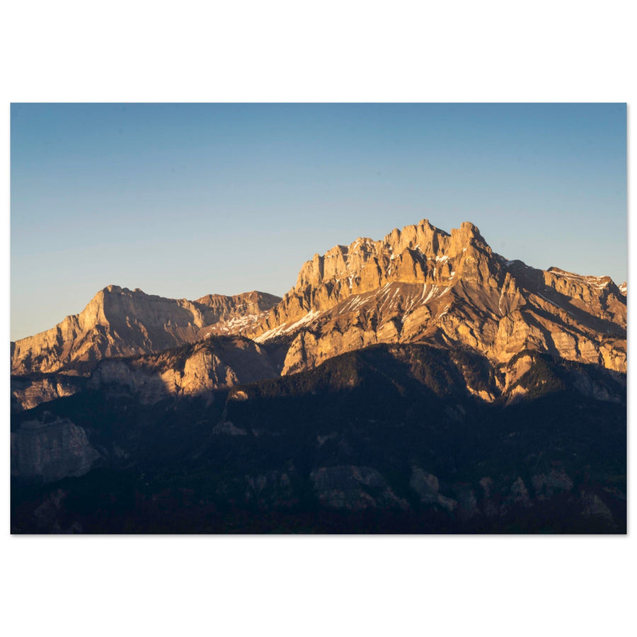 Tableau photo des Aiguilles du Massif des Fiz au coucher du soleil sur aluminium Dibond mat, format 70 × 100 cm