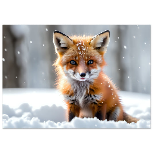 Tableau photo Photo d'un bébé renard dans la neige — tirage aluminium Dibond mat, fabrication française, prêt à accrocher