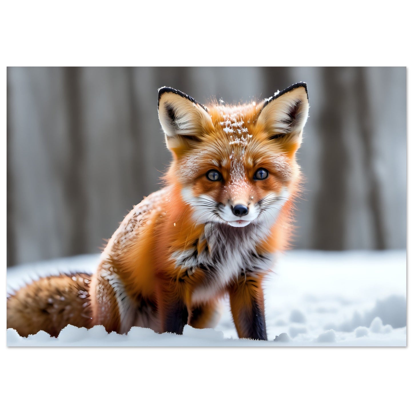 Tableau photo Photo d'un bébé renard dans la neige — tirage aluminium Dibond mat, fabrication française, prêt à accrocher